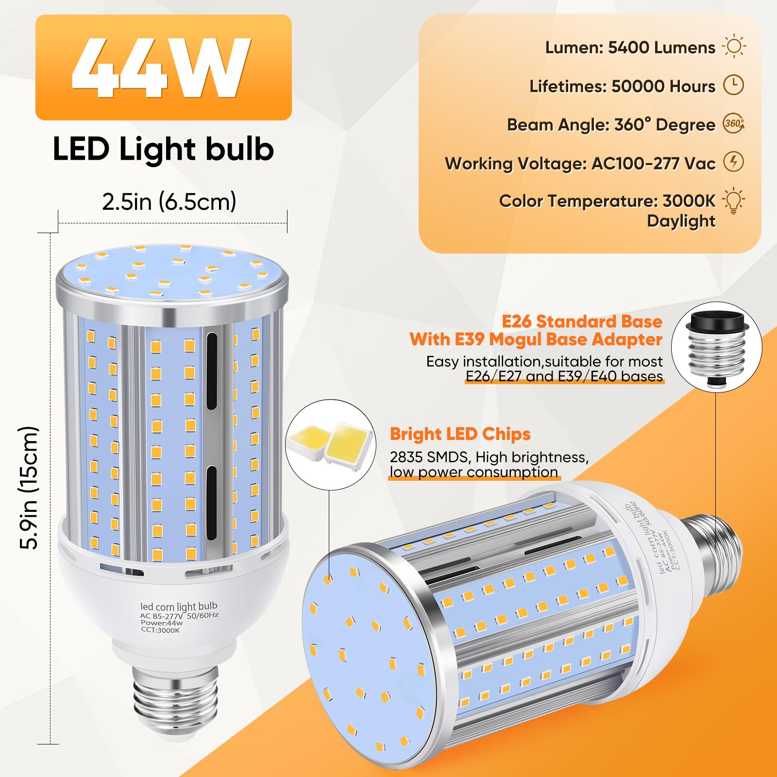 44W Led Corn Light Bulb(2 Pack),Fanless,(390 Watt Equivalent) E26/E39 Medium/Large Mogul Base Led Cob Lamp 3000K Warm White 5,90