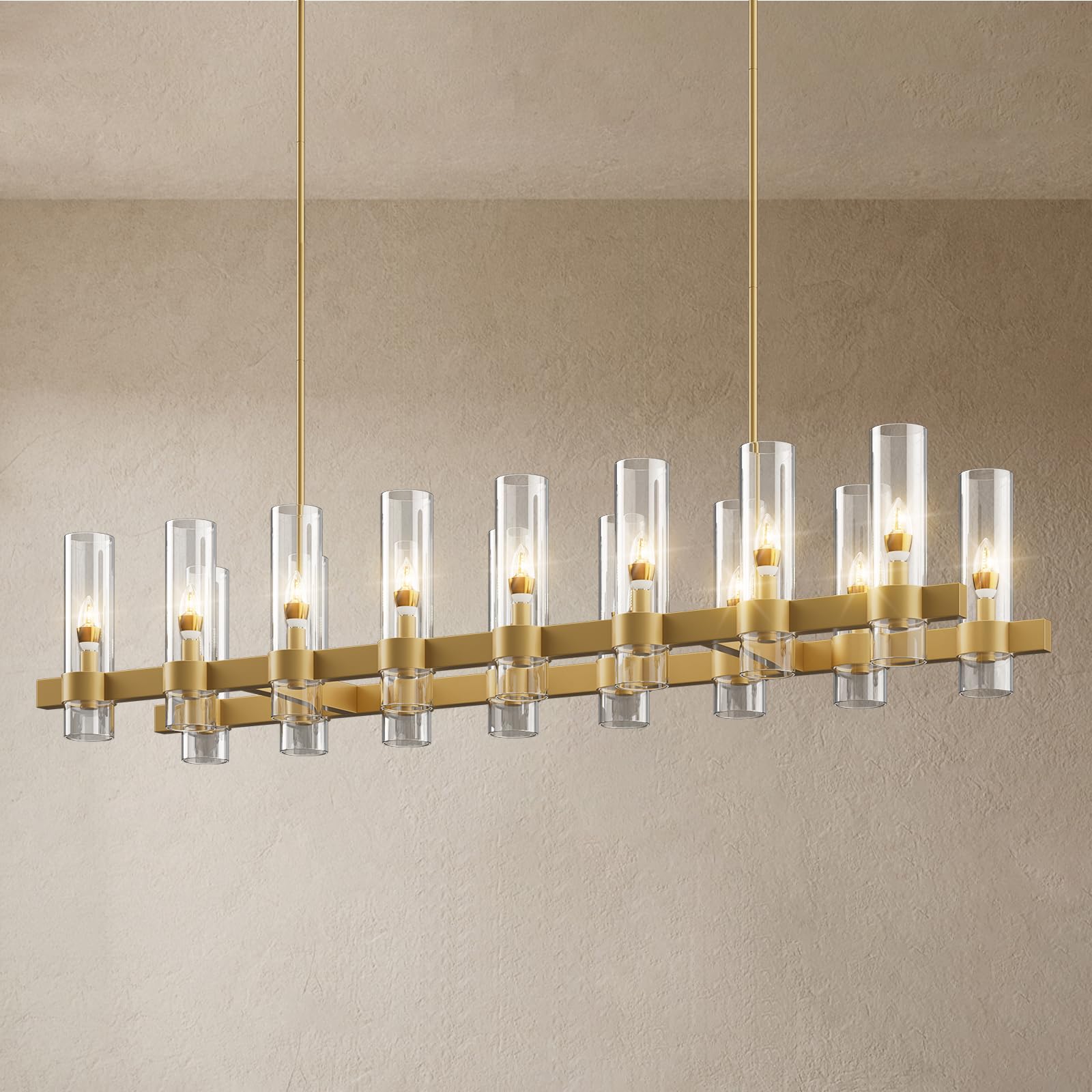 Yiosi Brass Kitchen Island Lighting- 16-Light Linear Chandelier, Adjustable 54'' Modern Farmhouse Rectangle Pendant Light Fixtur