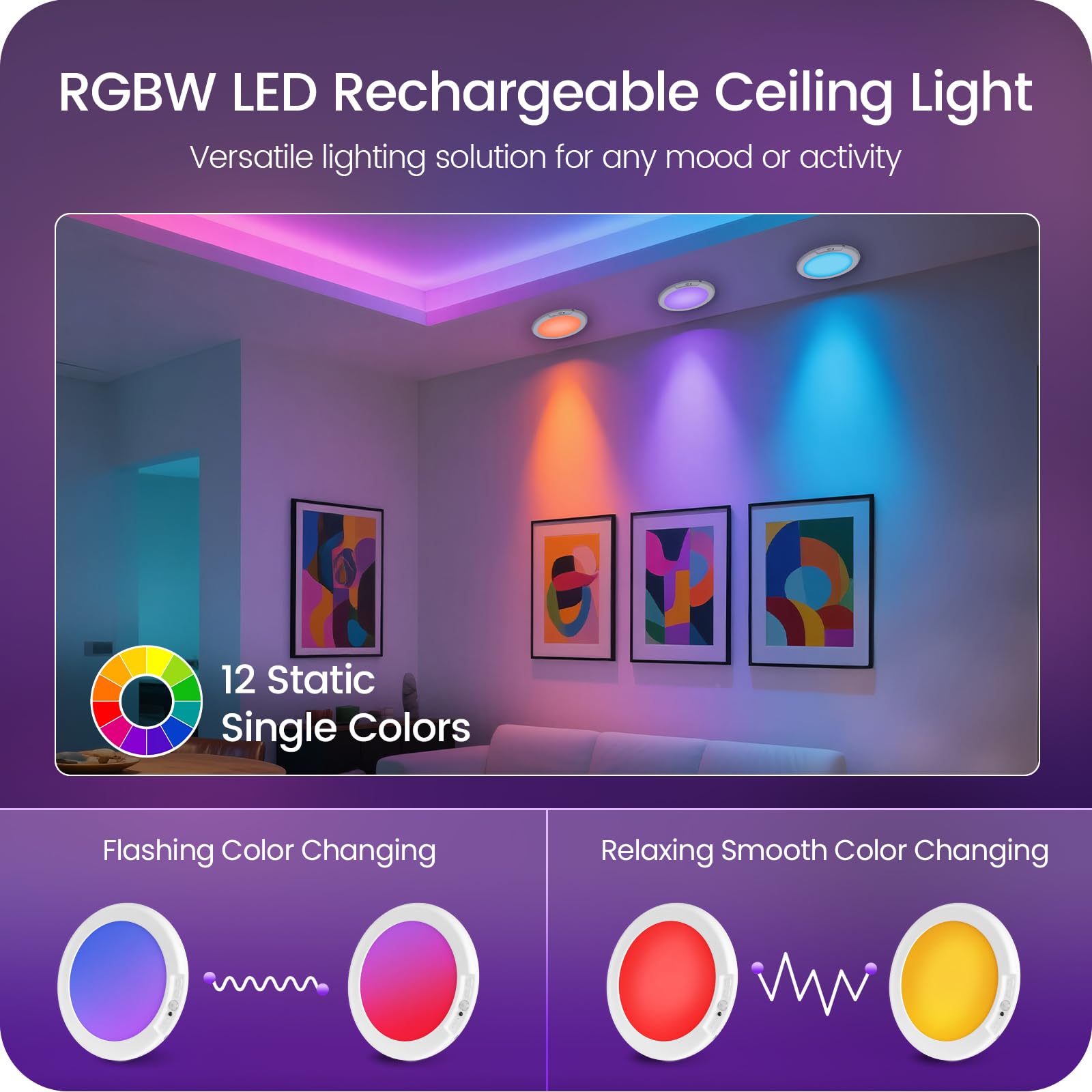 Goebleson Rechargeable Motion Sensor Ceiling Light With Remote, Rgbw Led Wireless Ceiling Light Fixture, Diy Colors, Color-Chang