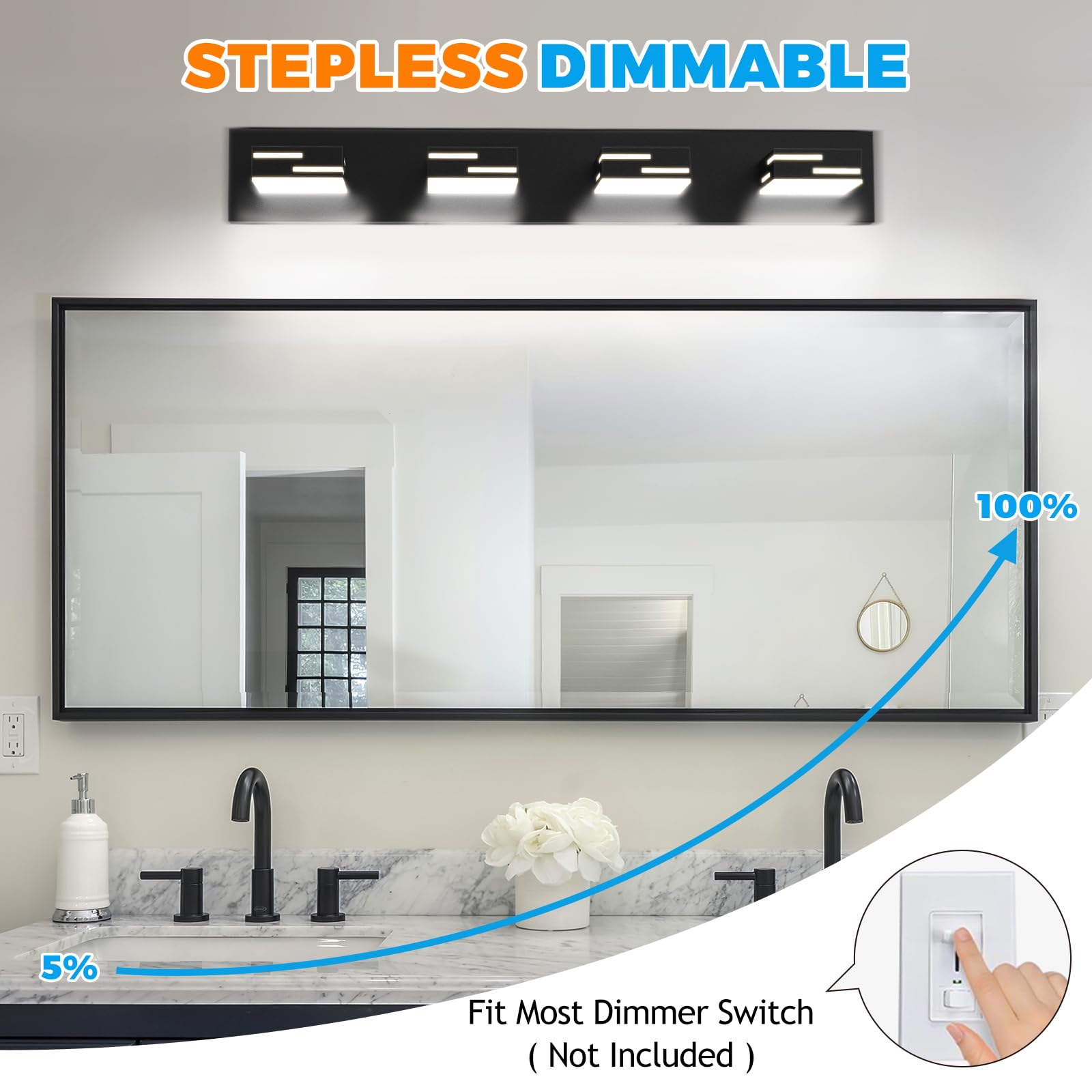 IZORRO LED Bathroom Vanity Light Fixtures, 30-Inch, 4-Light, Dimmable, Matte Black, Metal, Model SPU9-PT-3