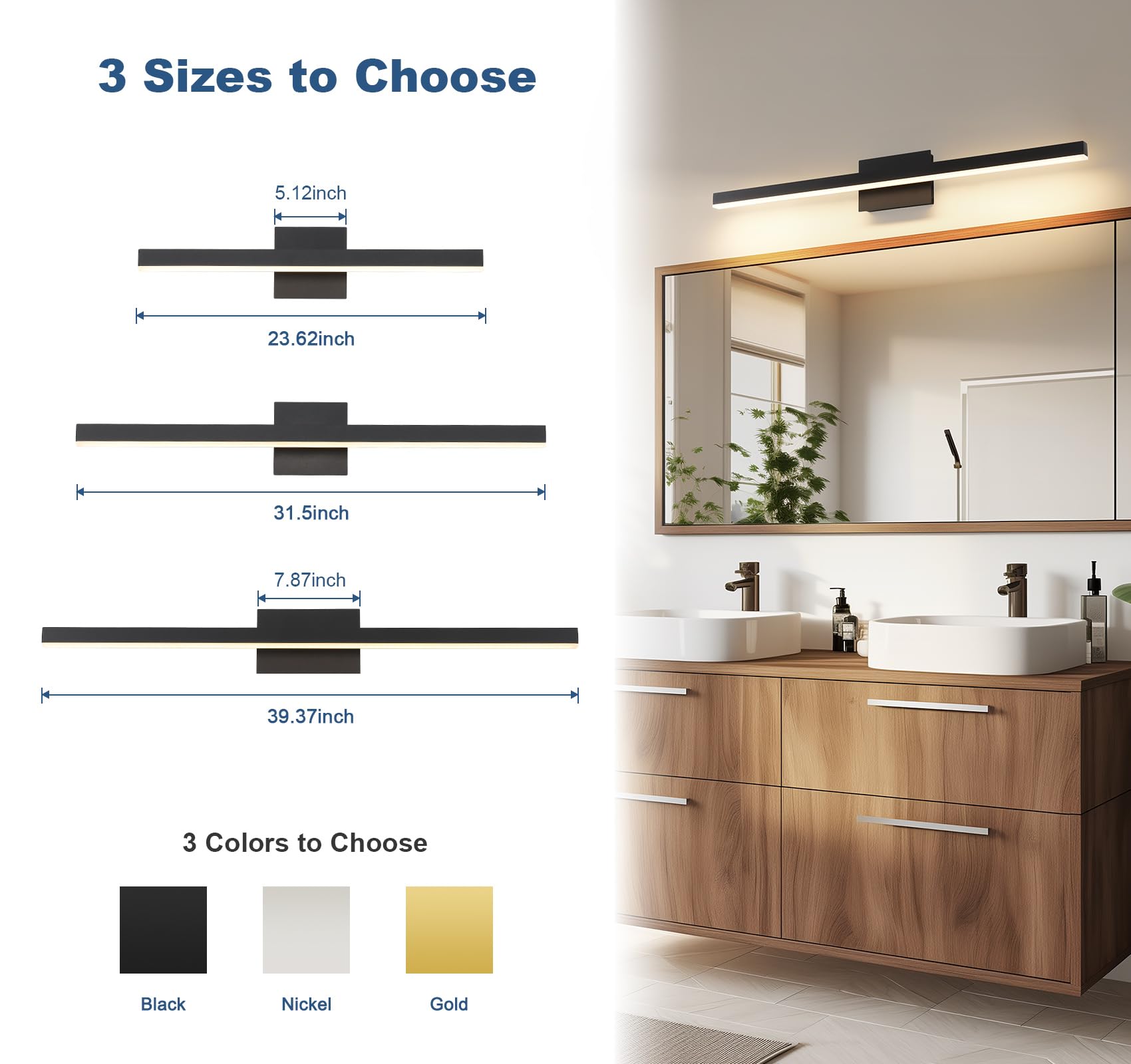 Joossnwell Bathroom Vanity Light Black Dimmable 39.37 Inch Acrylic LED Fixture Model 7560-18W-SN-5CCT