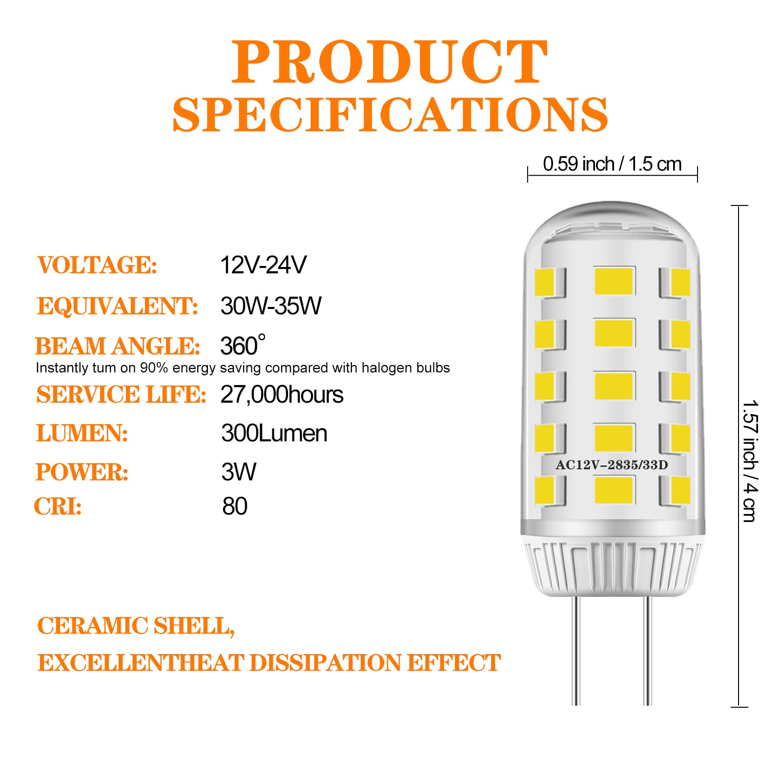 Yucclim 3W JC G4 LED Bulbs - Warm White - AC/DC 12V - Equivalent to 35W Halogen - T3 G4 - Energy Saving, No Flick