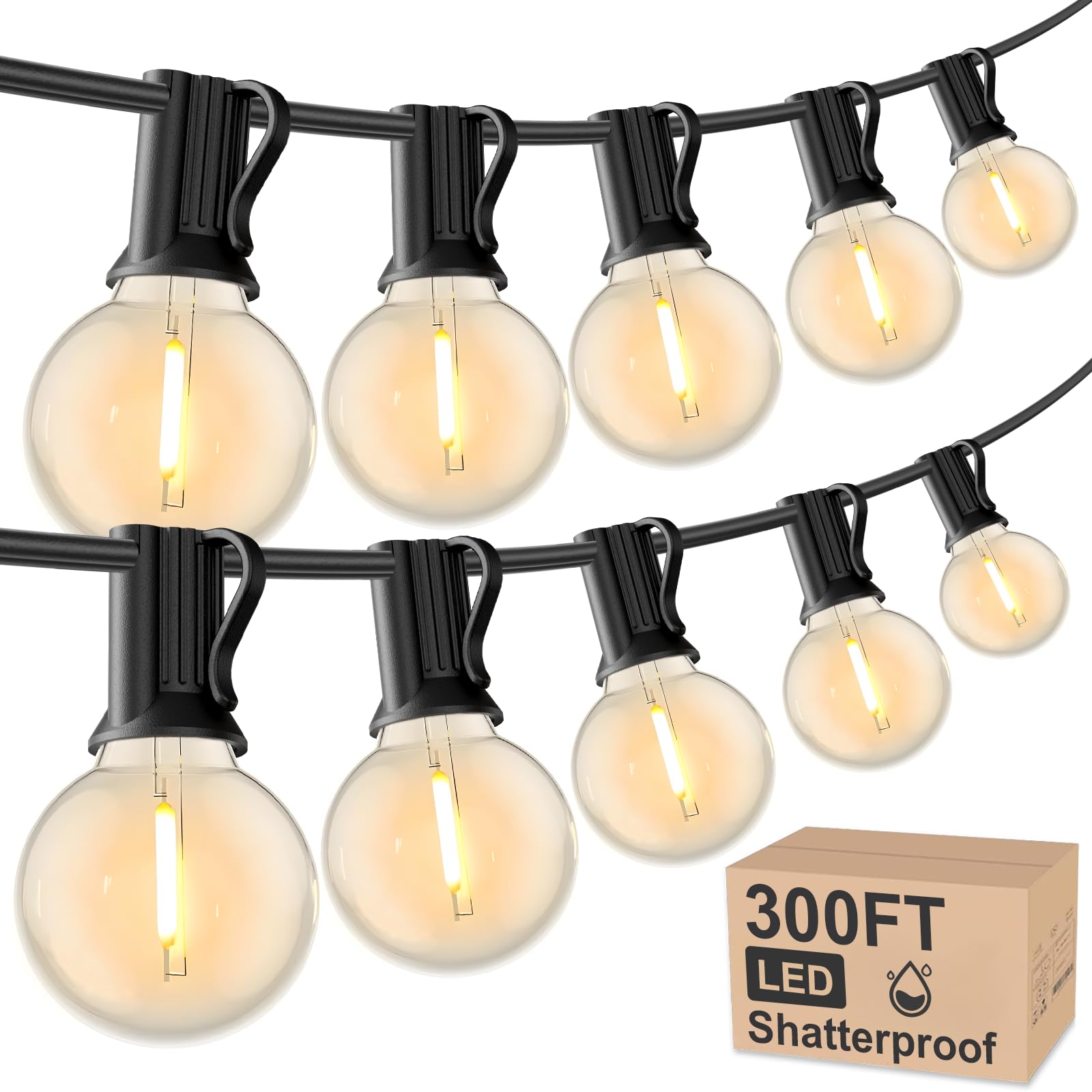 RTTY Outdoor String Lights 300 FT Globe LED Patio Lights with G40 Plastic Bulbs,Waterproof Shatterproof Dimmable Connectable Han