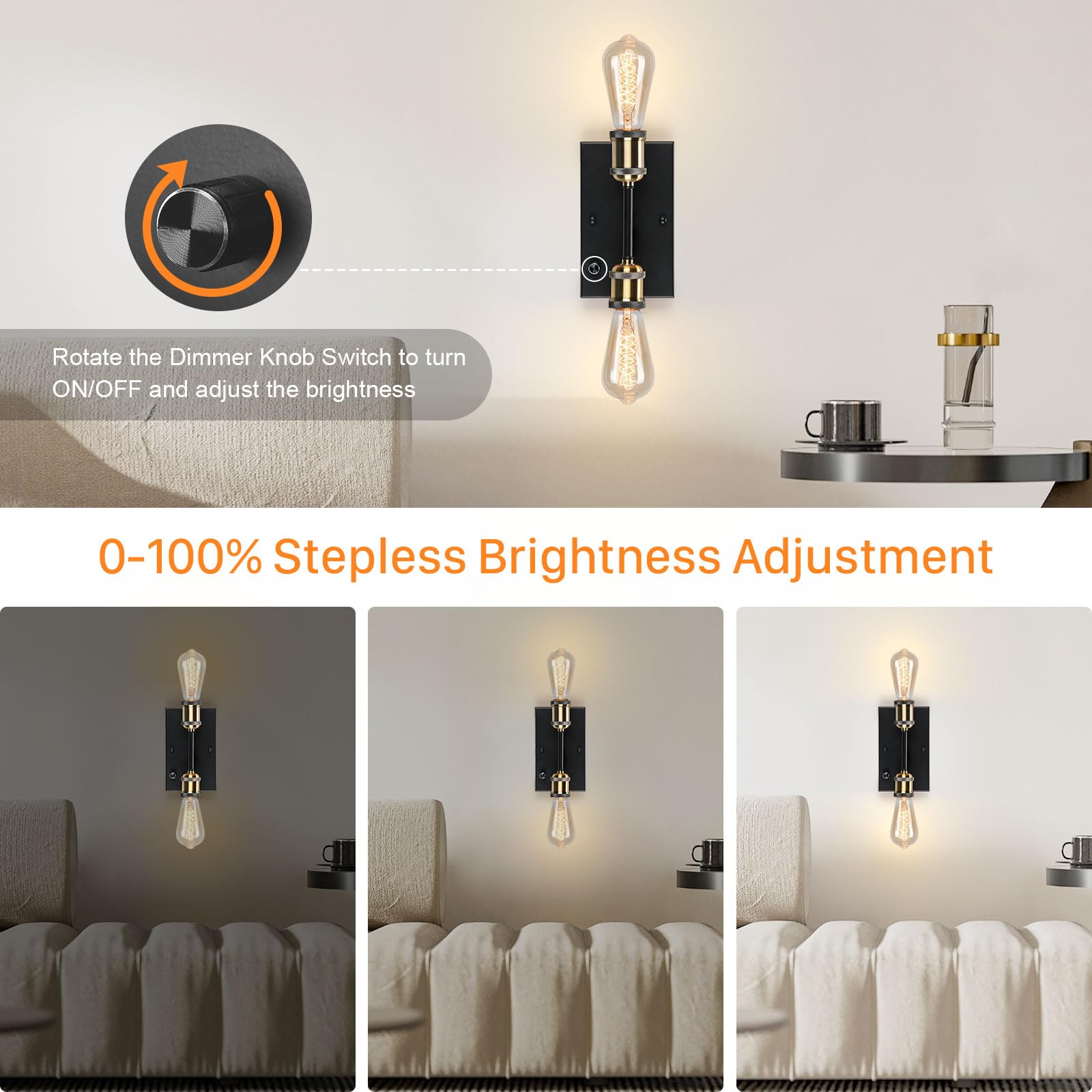 Lightess 2-Light Bathroom Light Fixture, Dimmable Wall Sconce, Copper, Metal, Black-Glass, Model LG9944217, Bulbs Not Included