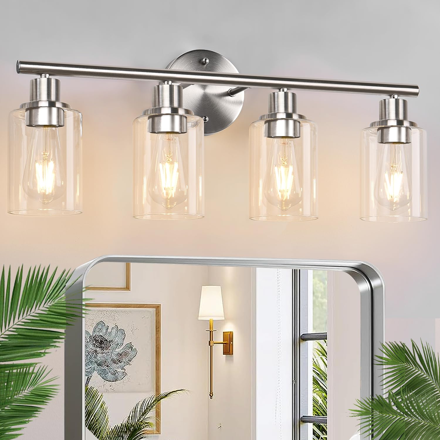 4-Light Bathroom Light Fixtures, Brushed Nickel Modern Vanity Lights Over Mirror With Clear Glass Shade, Bathroom Wall Lamp For