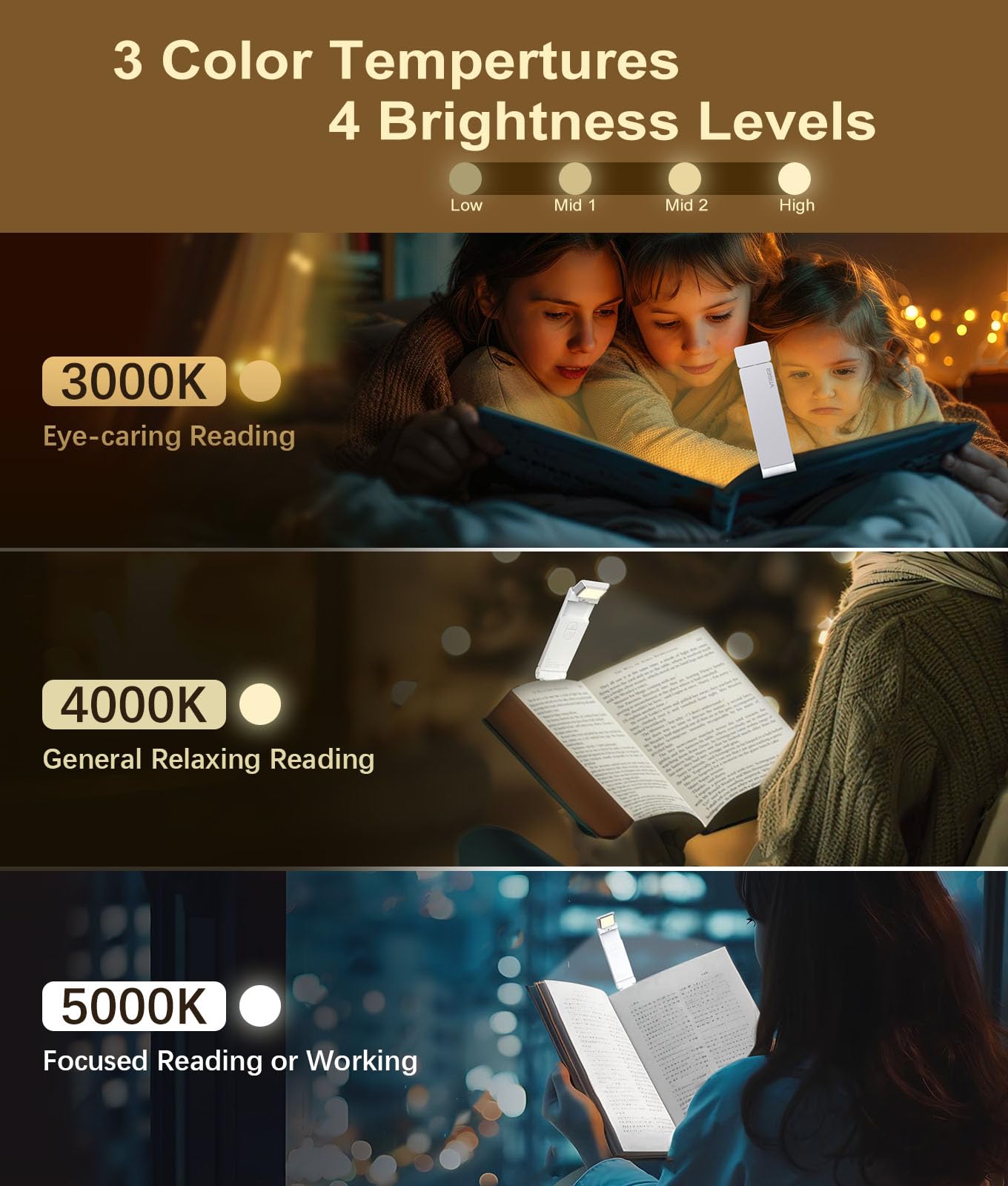 VTIGER USB Rechargeable Book Light, Foldable Clip-on LED, 3 Amber Colors, 4 Brightness Levels, Silver, Model B1