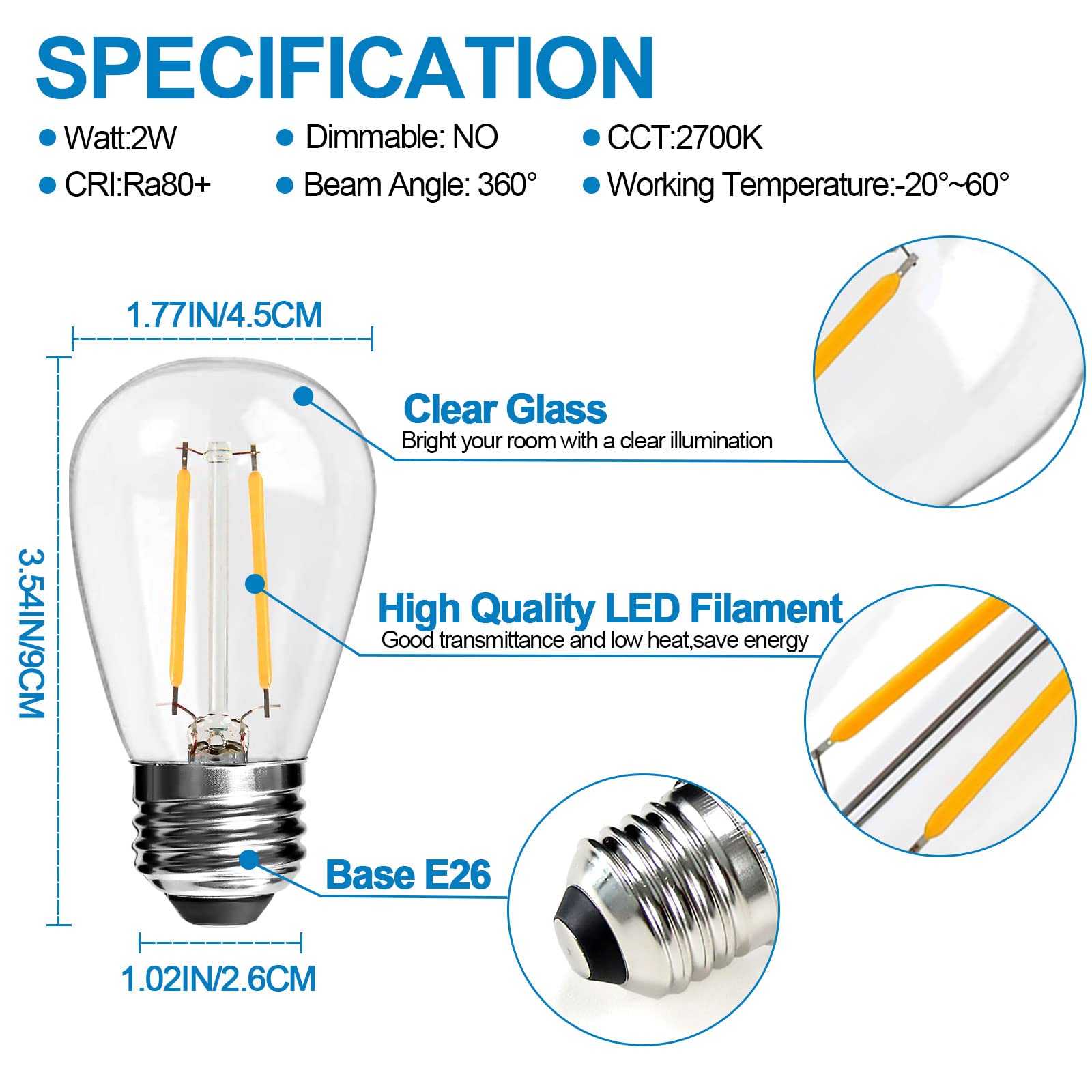 Langplus+ 25Pack 2W S14 Led Glass Bulbs For Outdoor String Lights Replacement, E26 Medium Screw Base, 2700K Warm White Led Ediso