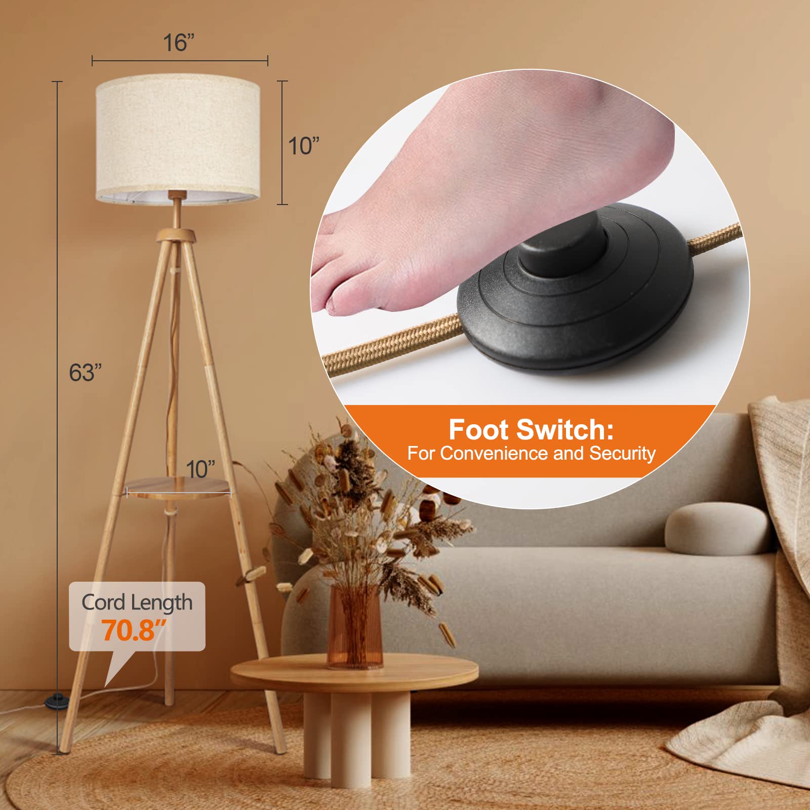 OUTON Wood Tripod Floor Lamp, Mid Century, LED Dimmable, Remote Control, Beige Linen Shade, Model FL09
