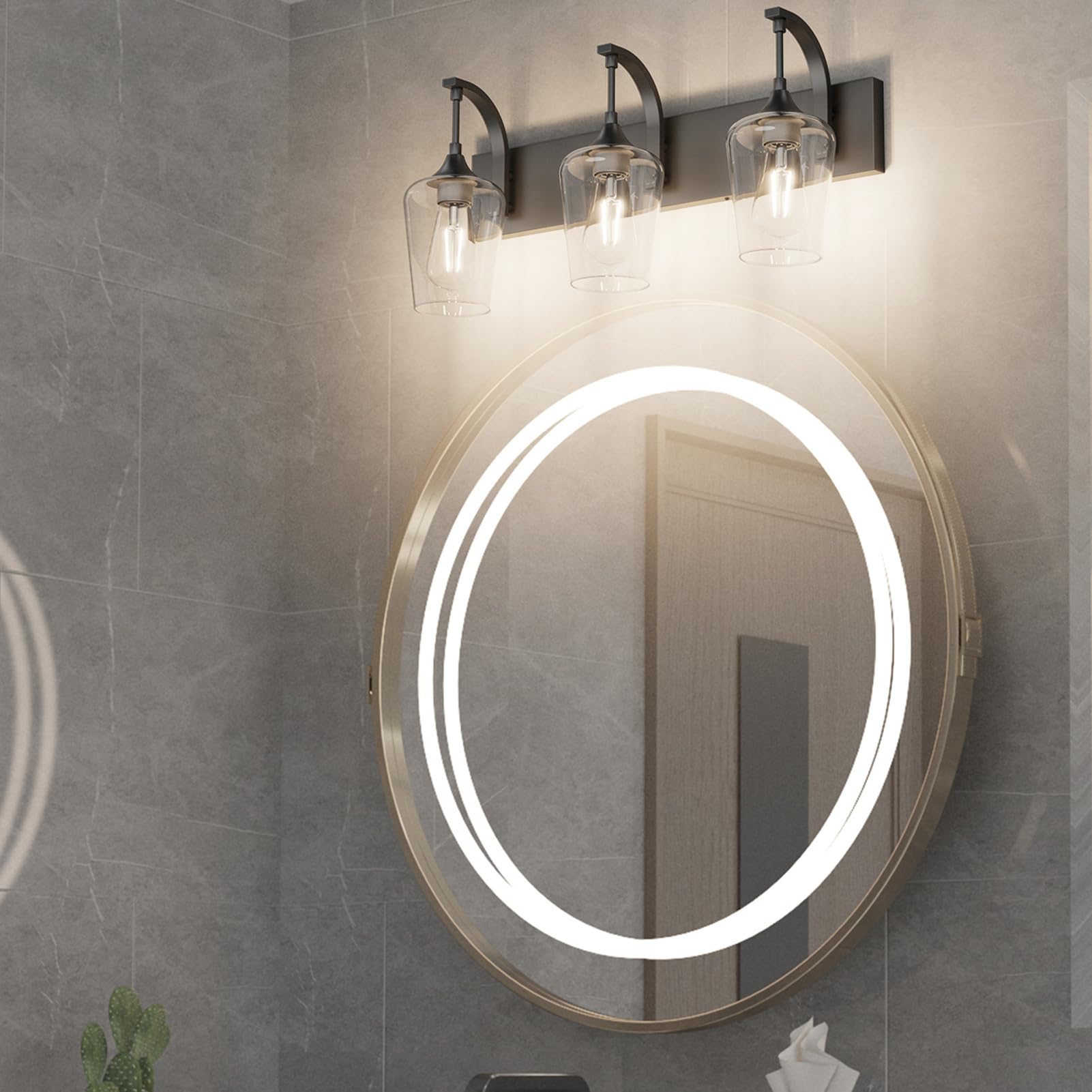 Ralbay Matte Black Vanity Light Fixtures 3-Lights Industrial Bathroom Lighting 24 Inch Clear Glass Model 1131rablay