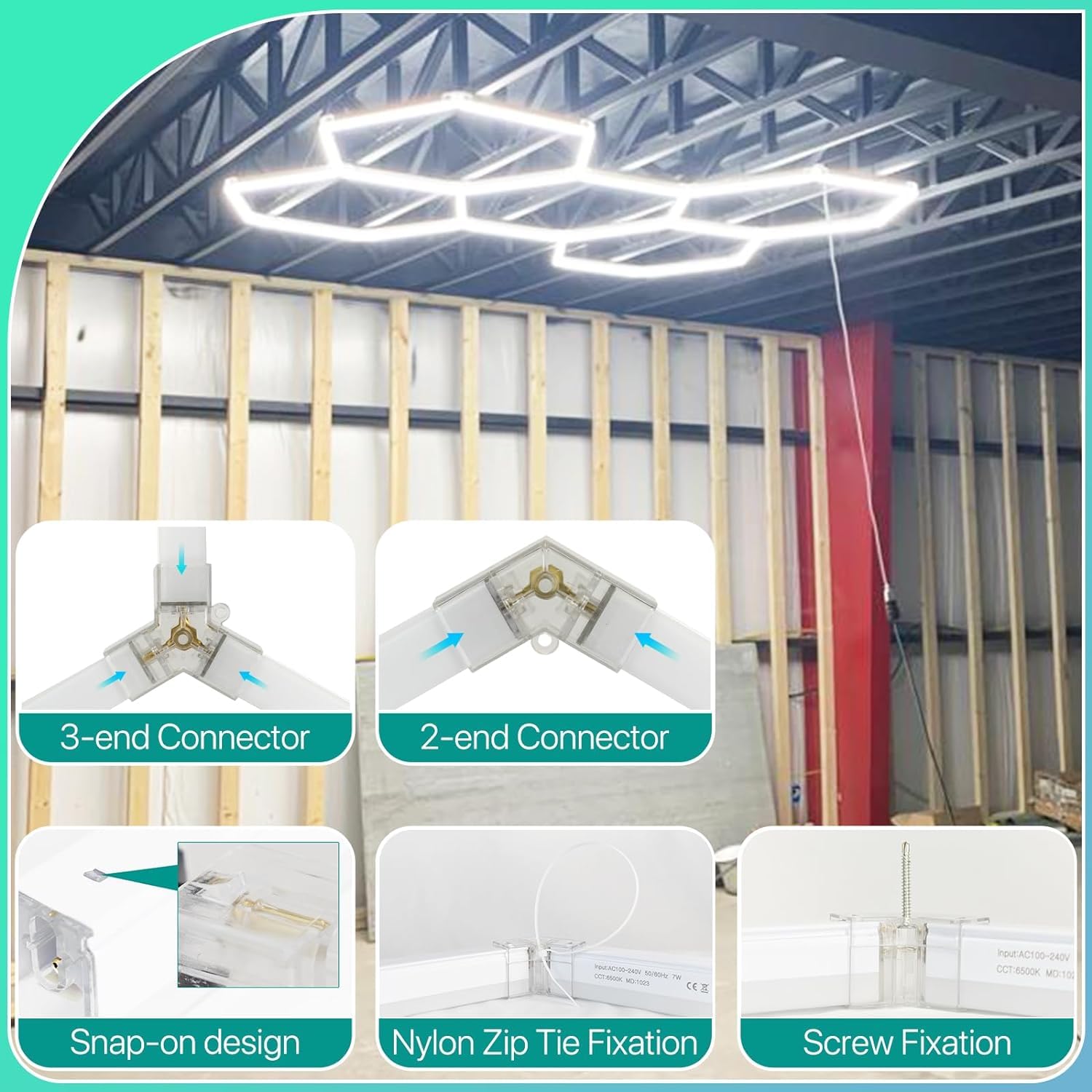 Litezone Hexagon Garage Lights, 15 Grids Led Garage Hexagon Lights With Rectangle Frame, 6500K Super Bright Honeycomb Lights Cei