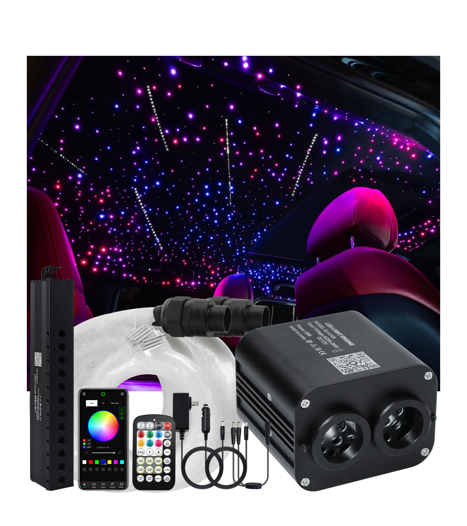 Meeby 20W RGBW Twinkle Dual-Head APP Fiber Optic Lights, Pure White Meteor Light Kit+800pcs*0.03in(9.8ft/3m) Optical Fiber Star 