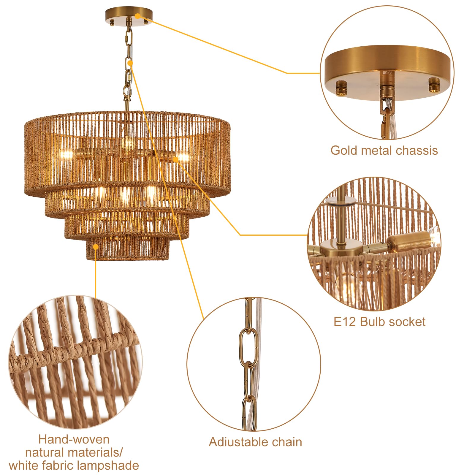 YOMECOO 19.7" Hand-Woven Rattan Chandelier, Vintage Gold 6-Light Fixture, Boho Bamboo Design, Model MD208-Golden