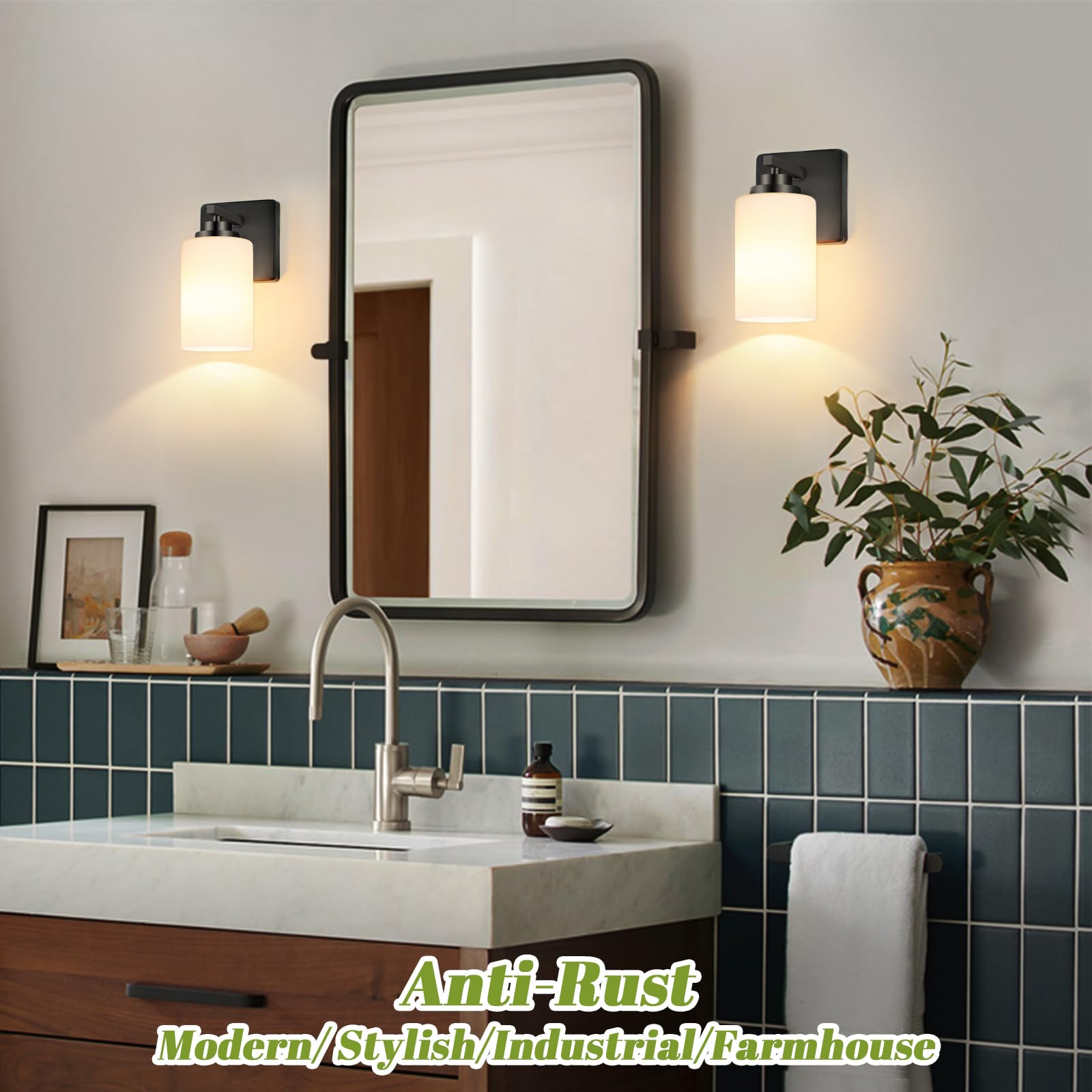 VerRon Set of 2 Wall Sconces, Modern Matte Black Lighting with White Glass Shade, 2-Light Fixtures for Bathroom & Living Room