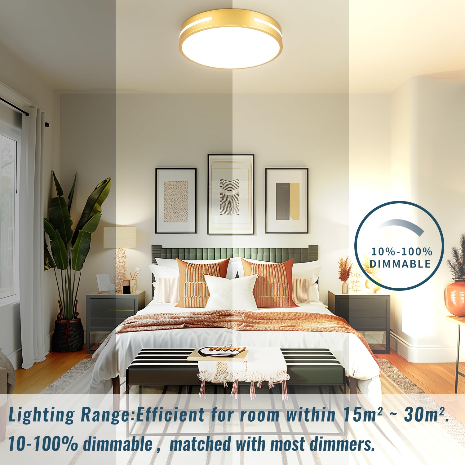 Wheatronic Gold LED Ceiling Light Fixture, 12" 24W Flush Mount, Metal, C1 Model, Perfect for Bathroom, Bedroom, Hallway
