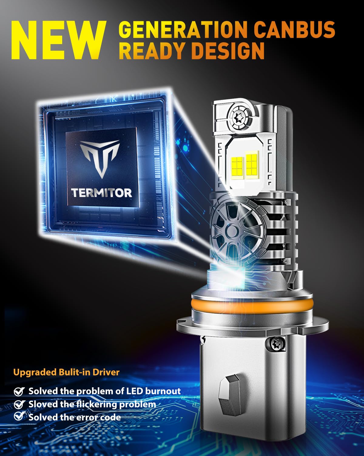 Termitor 9004 HB1 Light Bulbs, 55,000LM, 6500K Cool White, Aluminum, 70,000+ Hrs Lifespan, Plug and Play,