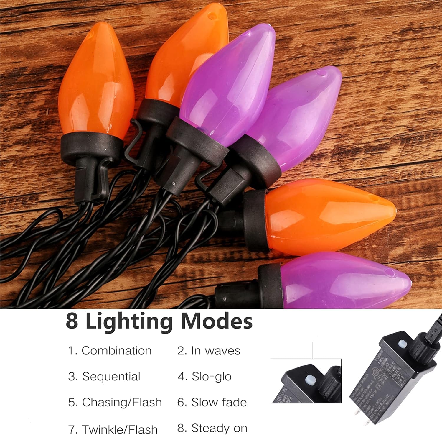 RECESKY Halloween String Lights - 50 LED, 24Ft, Orange & Purple, 8 Modes, Plastic, Plug Model LCHLED100L/2F