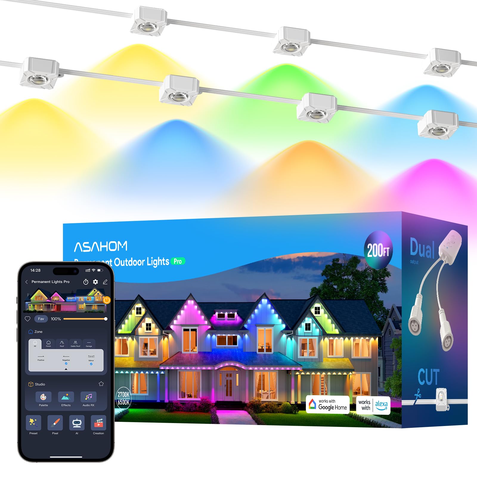 Asahom Permanent Outdoor Light Pro S108D  200Ft With 144 Rgbcw Leds  Wled Integration  Ai Lighting  30000 Lighting Effect Combination  Ip67 Waterproof For Christmas New Year Daily Decor  White