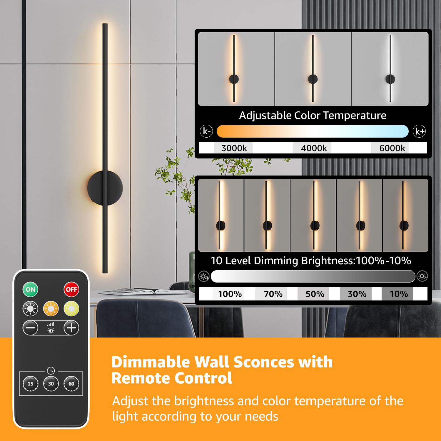 Aipsun Battery Operated Black Wall Sconce, USB Rechargeable, Dimmable LED, 31.5 inch, 360° Rotation, Indoor Lighting