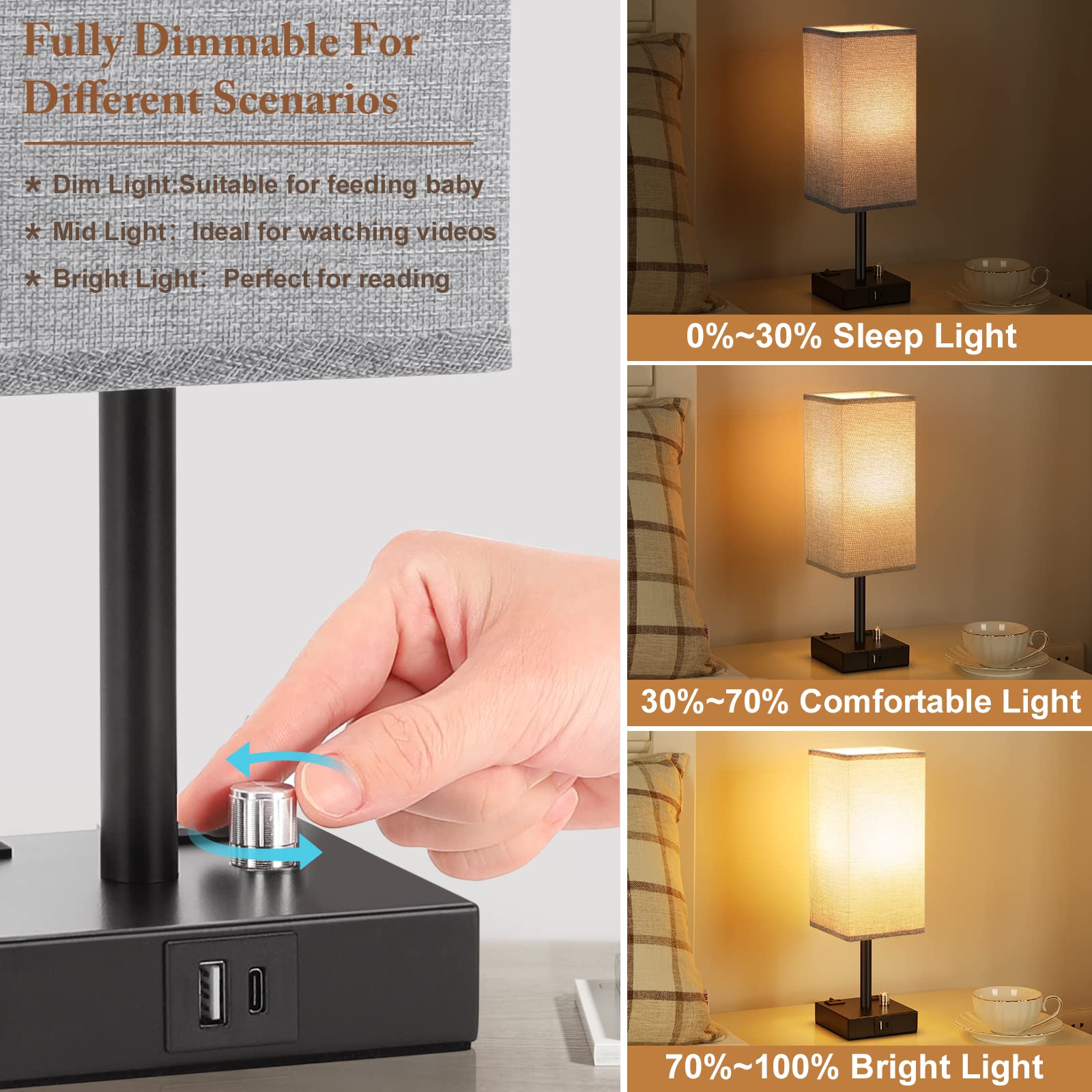 Gray Fully Dimmable Nightstand Lamps Set Of 2 - Table Bedside Lamp With Usb C+A Charging Ports & 2 Ac Outlets, Square Lamp Sets