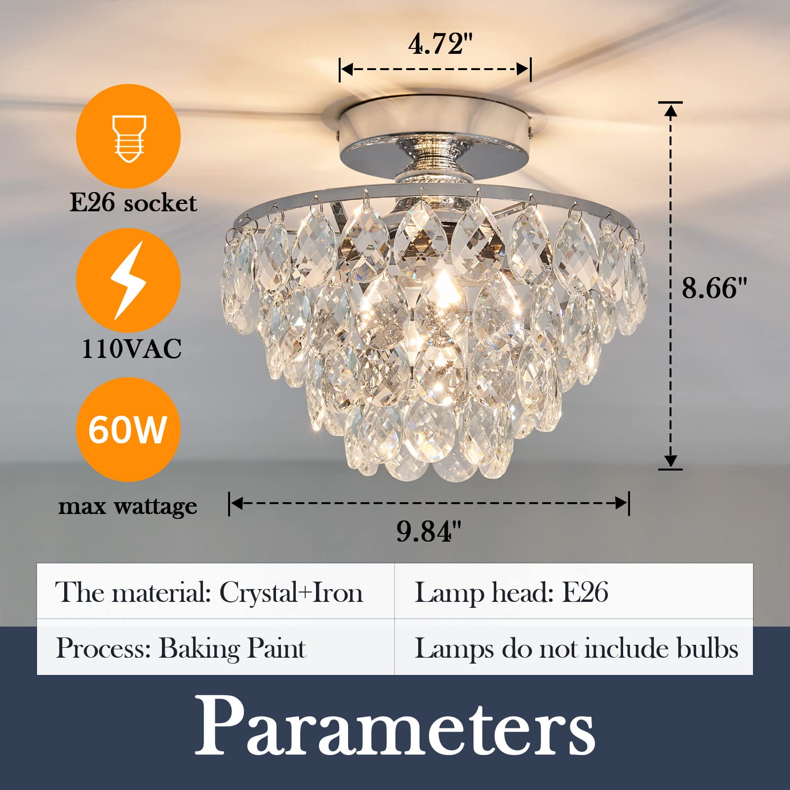 Yyjlx Modern E26 Silver Crystal Chandelier Semi Flush Mount Ceiling Light For Hallway & Bedroom
