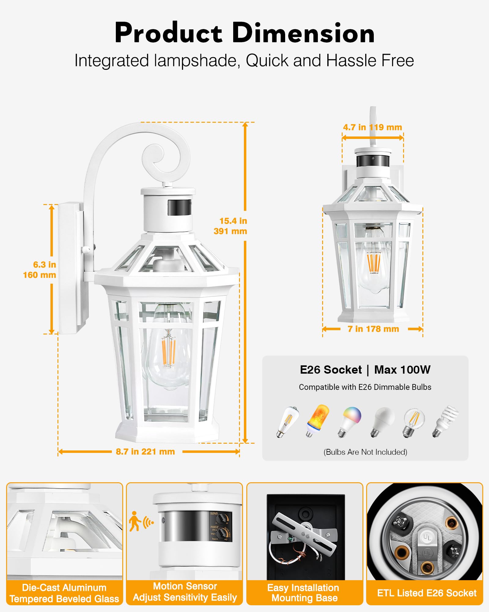 Opaxis Motion Sensor Outdoor Wall Lantern  White Outdoor Lighting Fixtures Wall Mount  Dusk To Dawn Exterior Sconce Lights With Beveled Glass  Waterproof Exterior Front Porch Lights For Garage  Coach