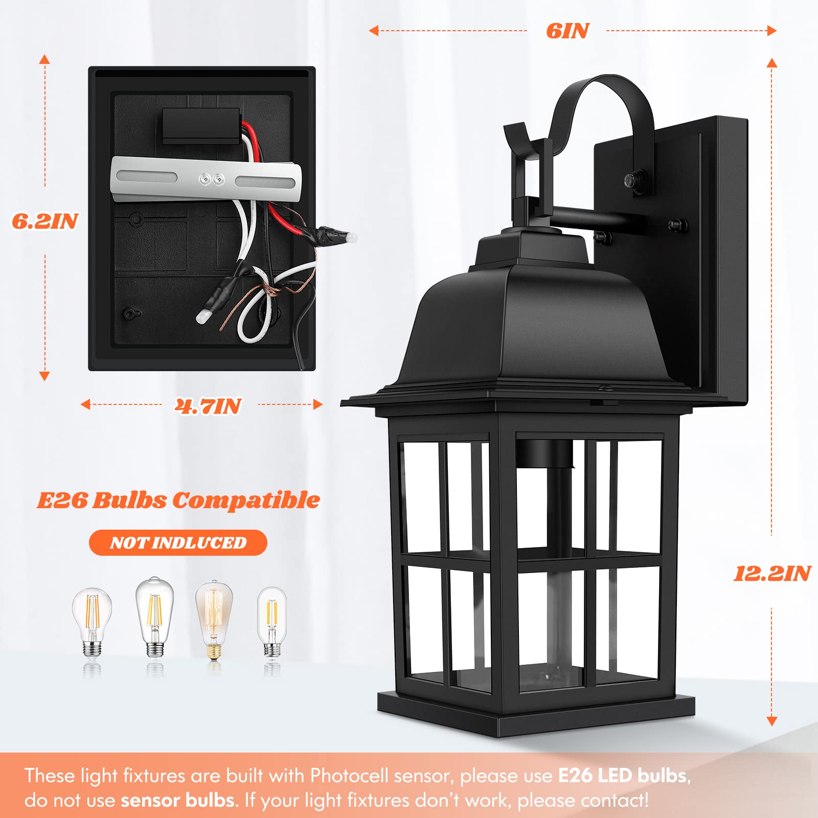 Tobusa 2-Pack Dusk To Dawn Black Outdoor Wall Lights, Waterproof Aluminum Lanterns