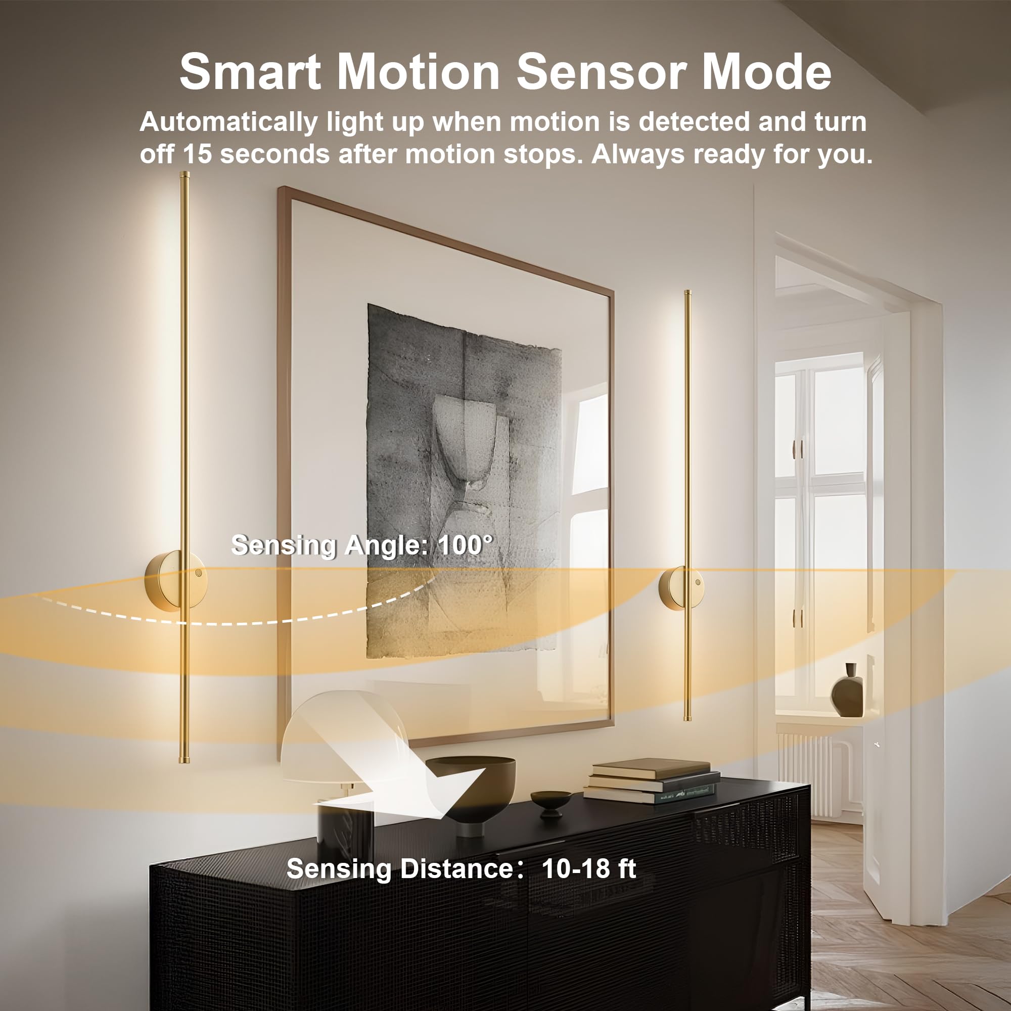 KARTOOSH Modern Motion Sensor Wall Sconce Set of Two, 39.3" Gold, Dimmable, Wireless, Rechargeable with Remote Control