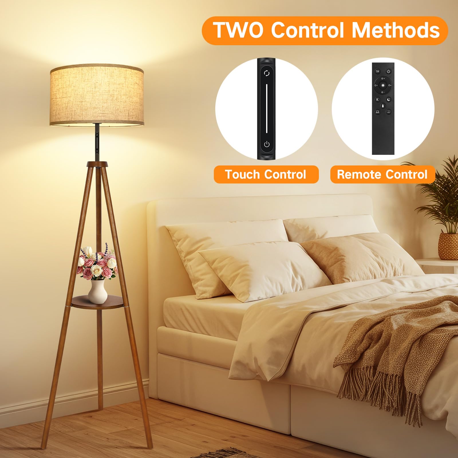 OUTON Wood Tripod Floor Lamp, LED Dimmable with Remote & Touch Control, Walnut Finish