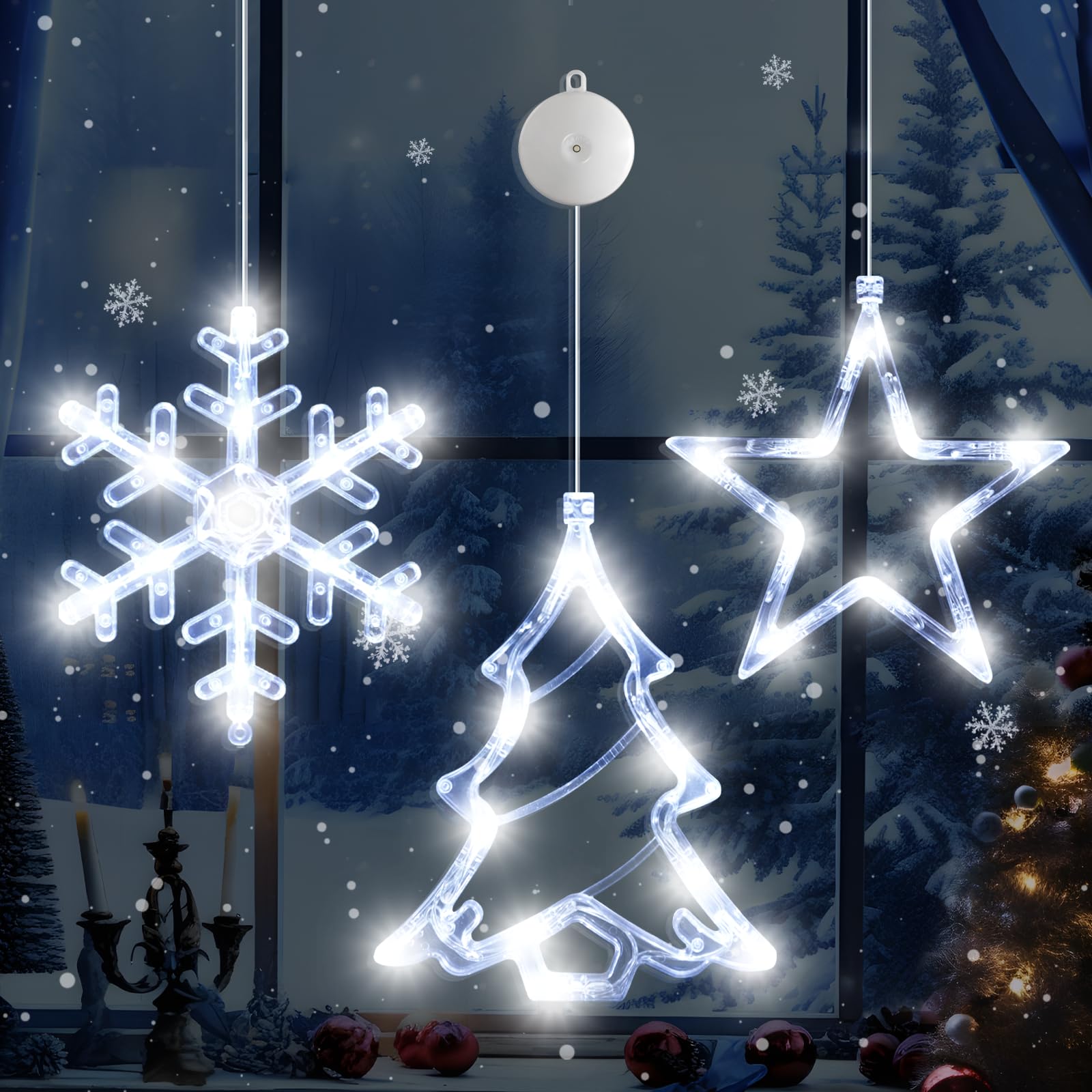 LYUBASA 3Pack Christmas Window Lights Decorations with Timer, Battery Powered Hanging White Lighted Snowflake Tree Star Shaped L