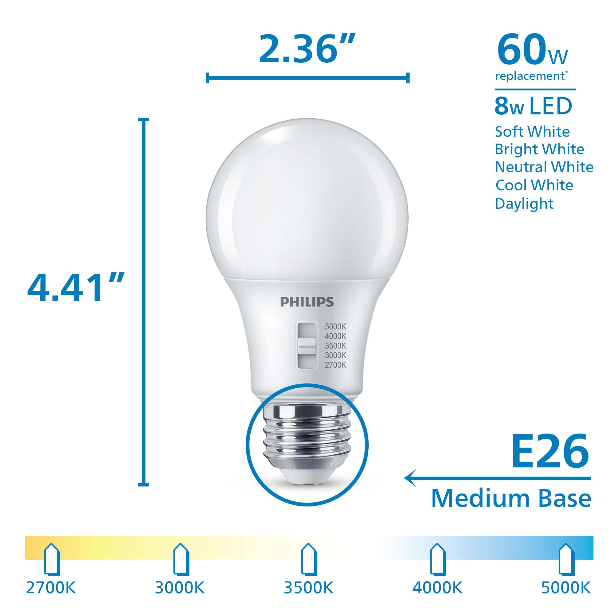 Philips Led A19 Selectable White Dimmable Led Light Bulbs - Flicker-Free 60W Light Bulbs With Eyecomfort Technology - Soft White