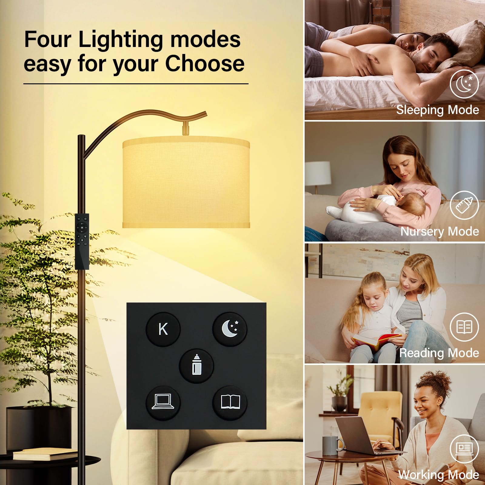 BoostArea Arc Floor Lamp with Remote Control, Stepless Dimmable 2700k-6500k, Modern Metal Standing Lamp, White, Model B1367