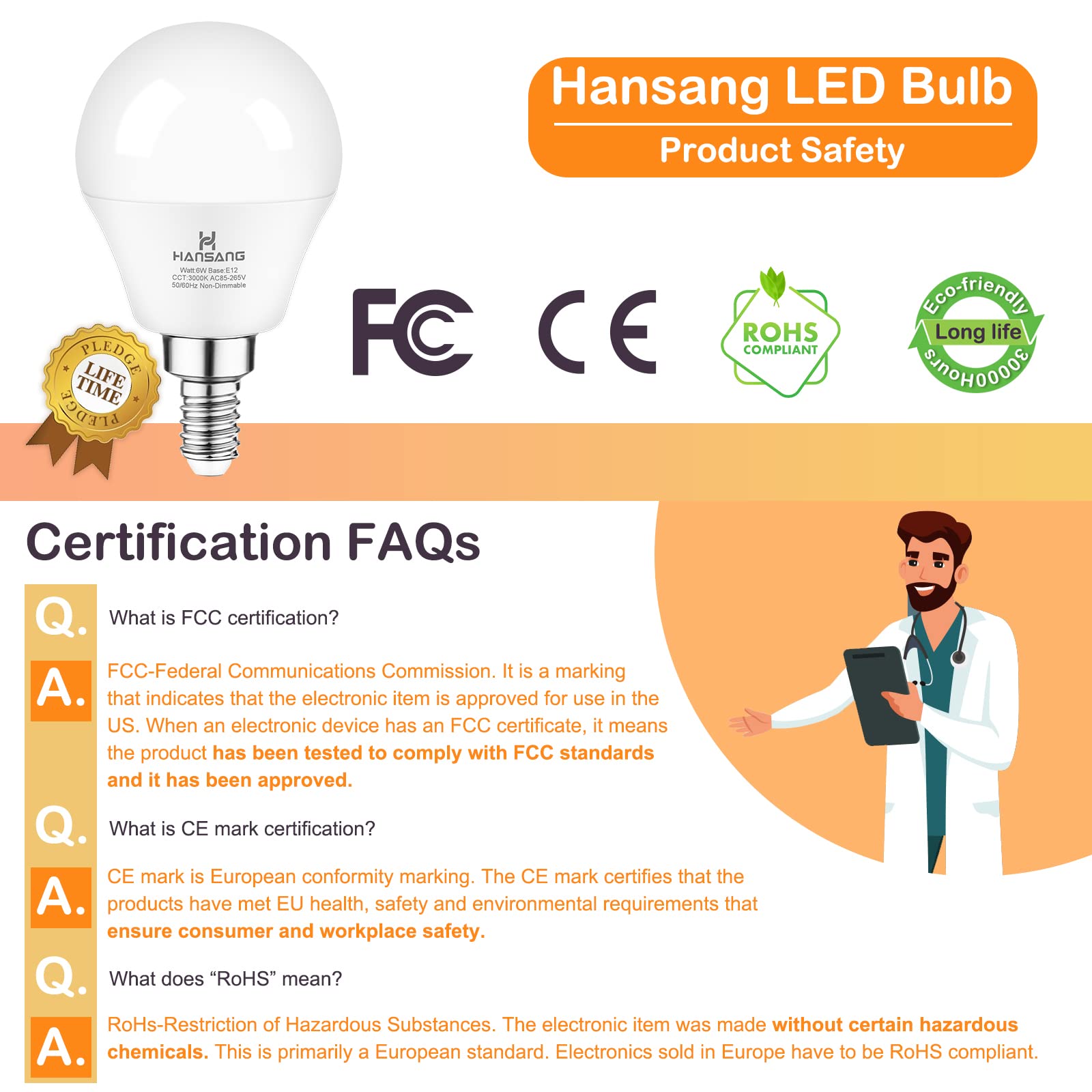 hansang E12 Base LED Candelabra Bulbs 3000K Warm White 6W 6 Pack