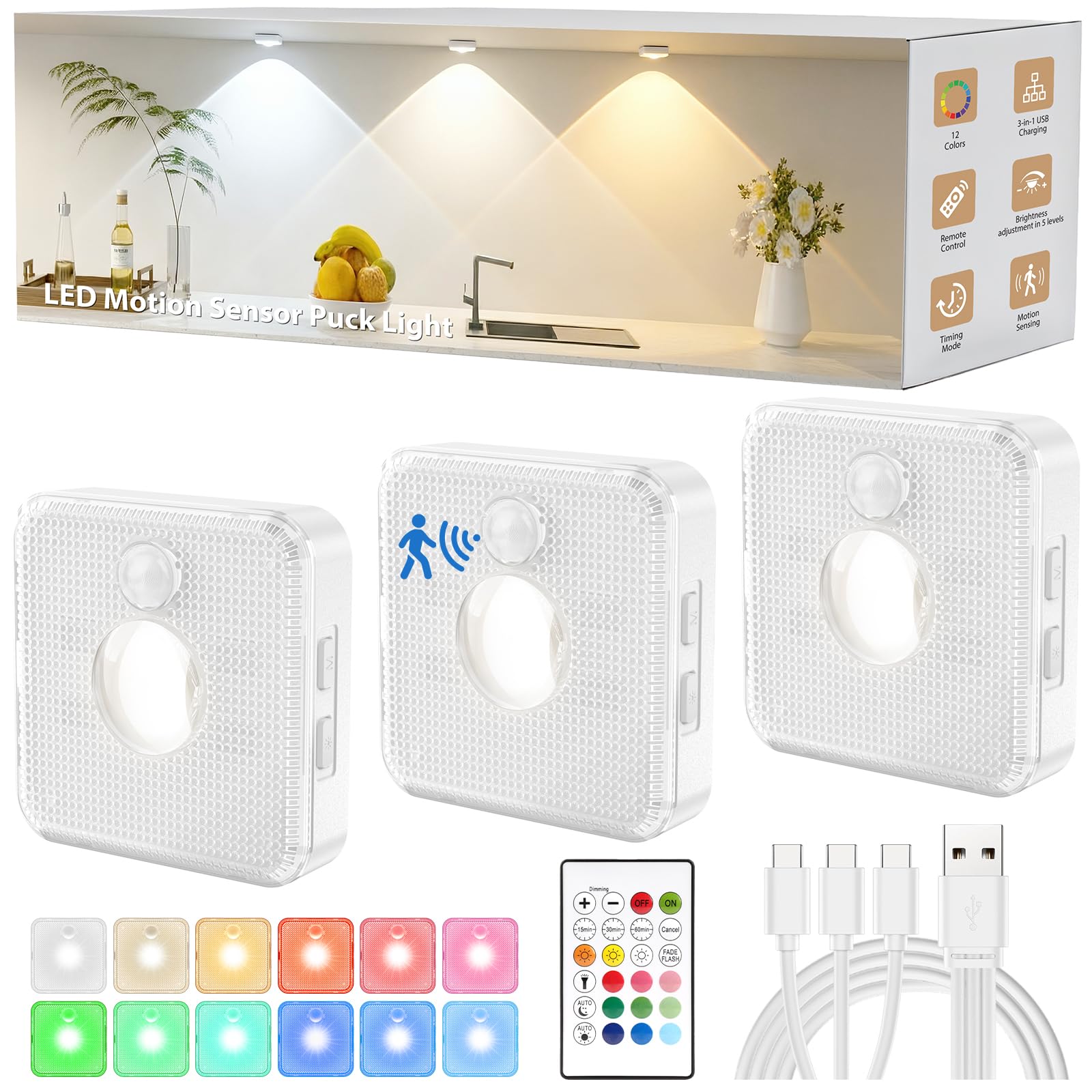 GBEAST 3 Pack Under Cabinet Lighting, Rechargeable Motion Sensor Puck Lights with Remote Control, 3 Color Temps & 9 RGB Colors, 