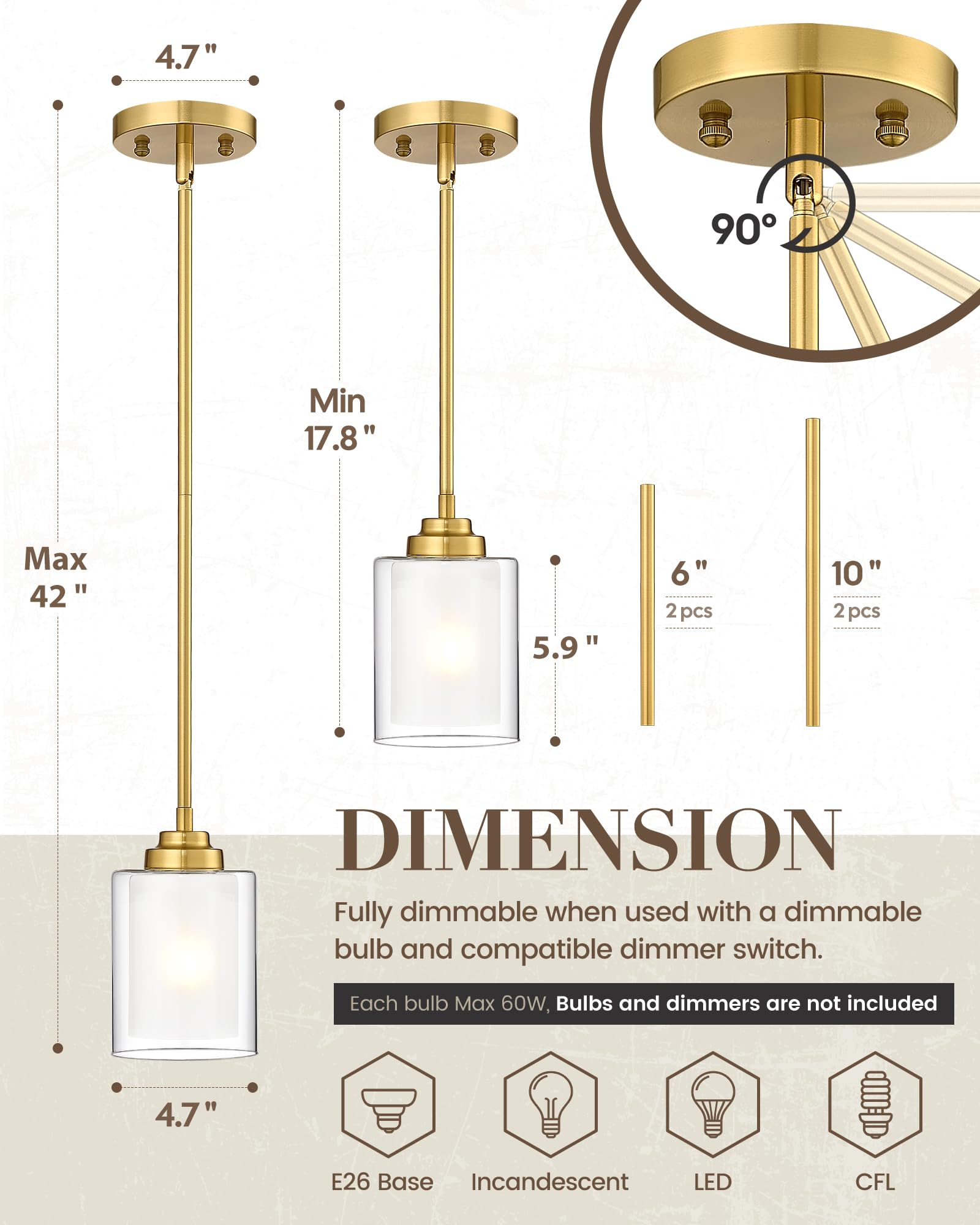 TENGXIN Modern Pendant Light Fixture, Brushed Gold, 1 Pack, TXPLBG02 - Ideal for Kitchen Island, Dining Room, Bar, Office