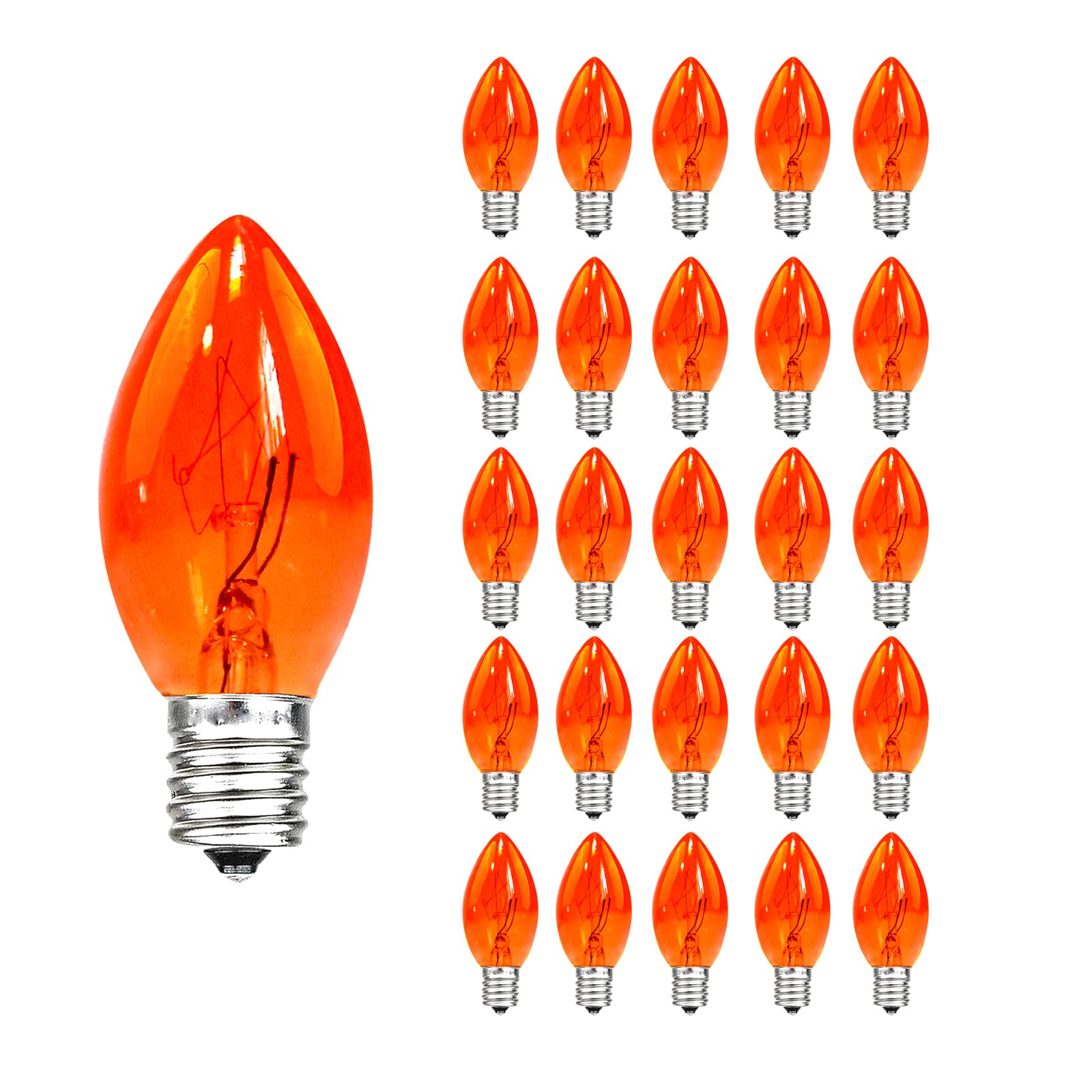 CHYParty C7 Replacement Bulbs, 5W Orange Glass Light Bulbs, 25 Count for Outdoor String Lights, E12 Candelabra Base