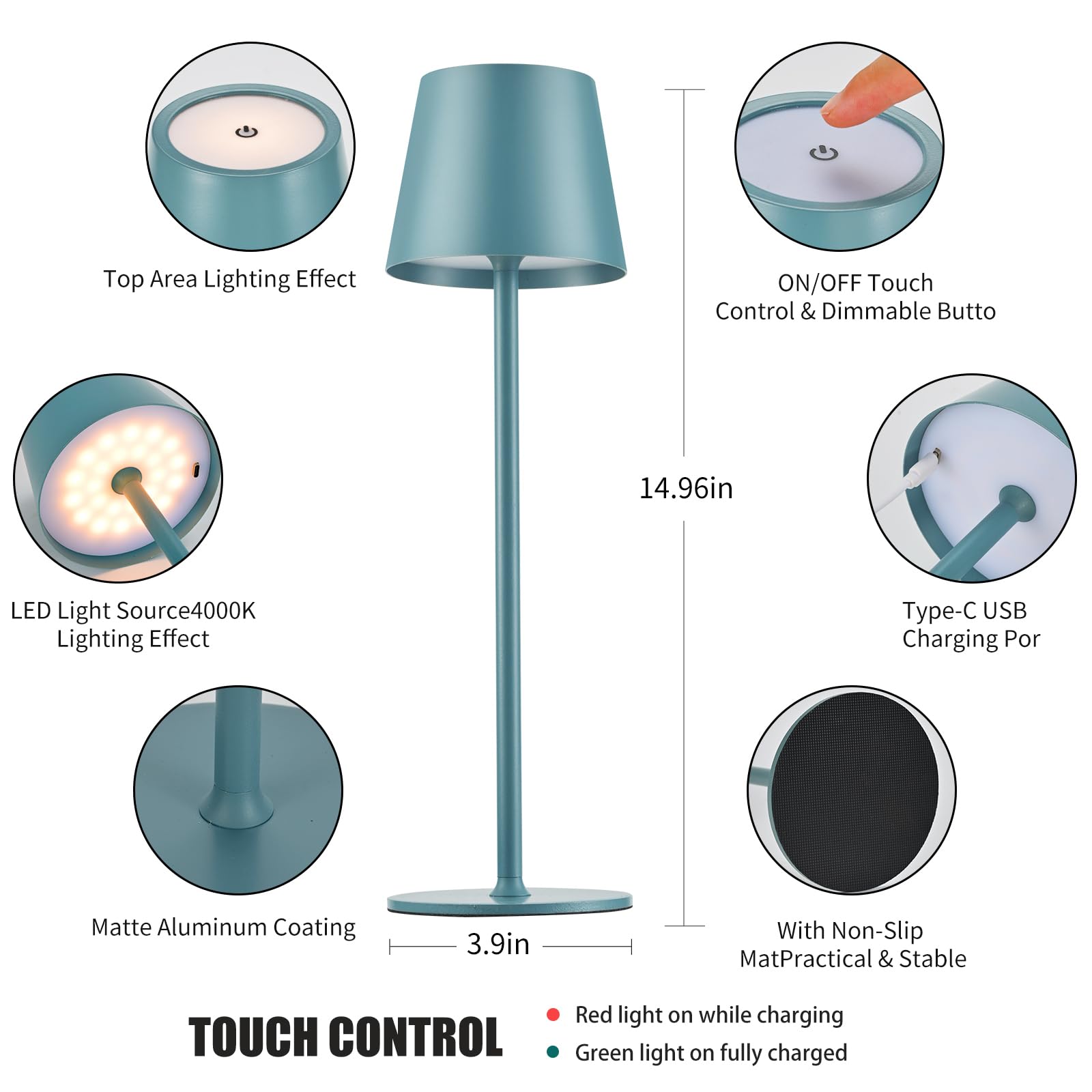 BGFHome Cordless LED Desk Lamp, 5000mAh Rechargeable, Minimalist Design, 14.6inx4.3inx4.3in, Blue, 2 Pack