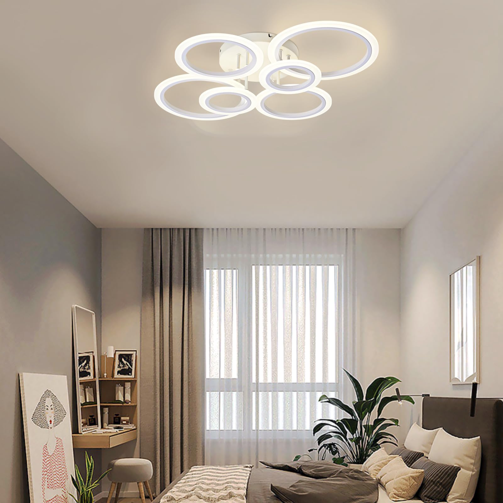 Teminbu Modern Led Ceiling Light, White 6 Rings Flush Mount Ceiling Light, 4000K Lighting Fixture Ceiling Lamp For Kitchen, Bedroom, Living Room, Laundry Room