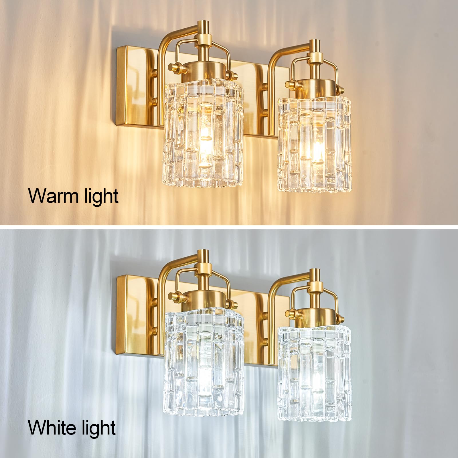 BNHHLZ Modern Vanity Light - 2-Light Gold Bathroom Fixture with Crystal Glass Shade, Model 4132, Metal Construction