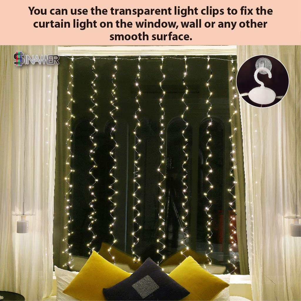 Sinamer White Curtain Light For Bedroom, 300 Led 9.8Ft X 9.8Ft Window Fairy Curtain String Light With 16 Hooks, 8 Models Remote Control For Wedding Party Home Garden Indoor Decorations