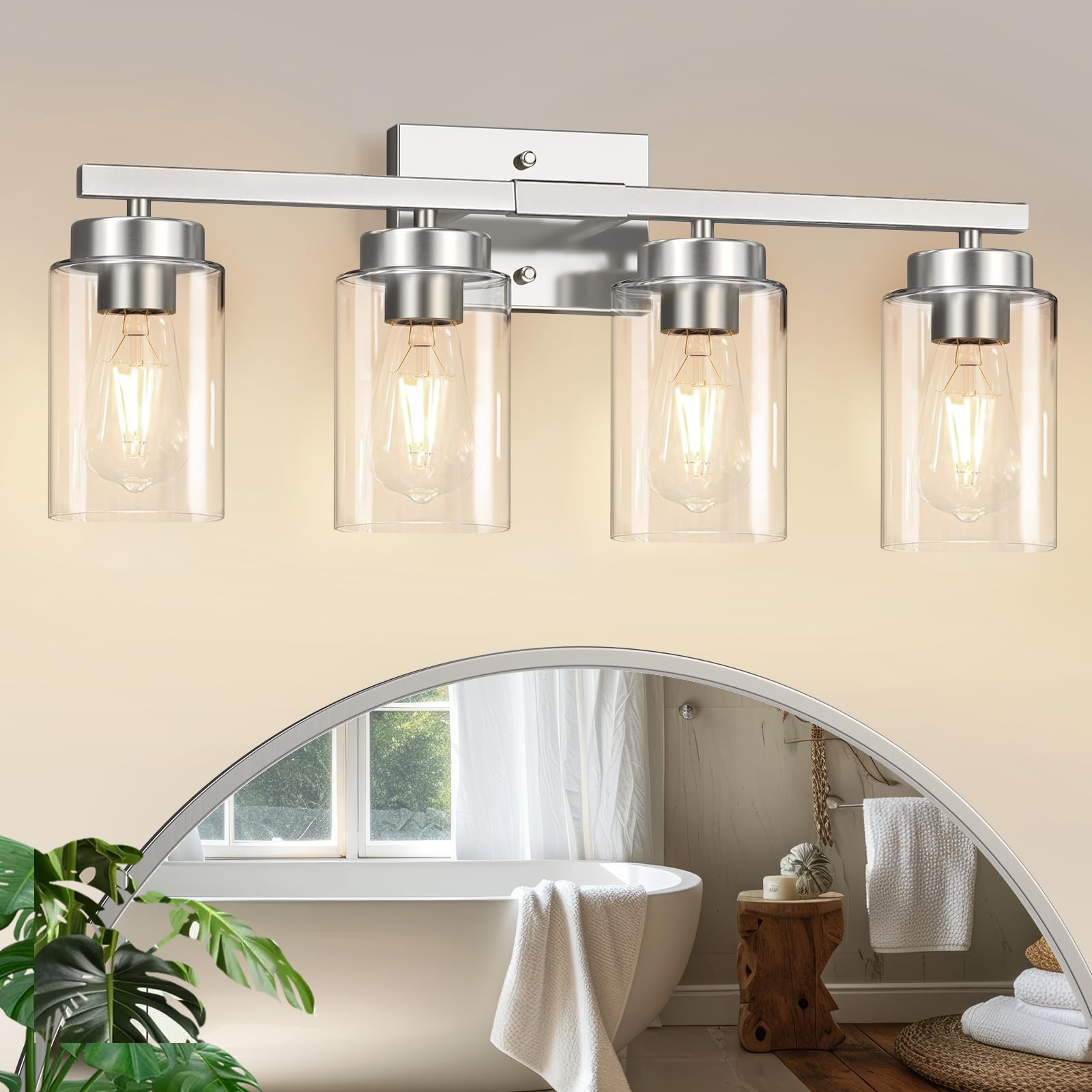 IZORRO Modern Bathroom Light Fixtures, 4 Light Brushed Nickel Vanity Lights, Bathroom Lighting Fixtures Over Mirror with Clear G