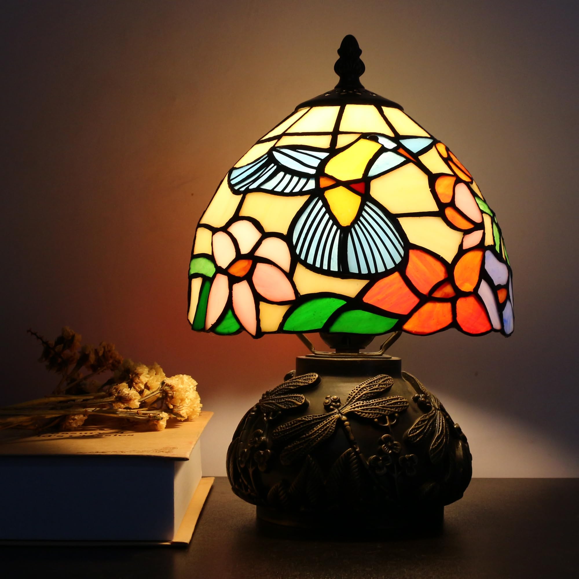 Small Tiffany Lamp Mini Stained Glass Table Lamp Hummingbird Style Mushroom Desk Light Memory Sympathy Lamp 8X11 Inch