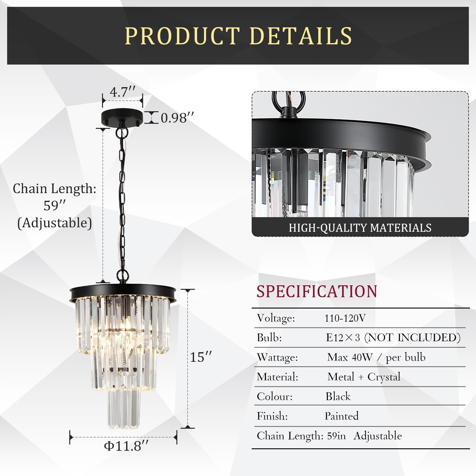 Catiner Black Crystal Pendant Light For Kitchen Island,Mini Crystal Chandeliers Modern For Dining Room,3 Tiers K9 Ceiling Pendan