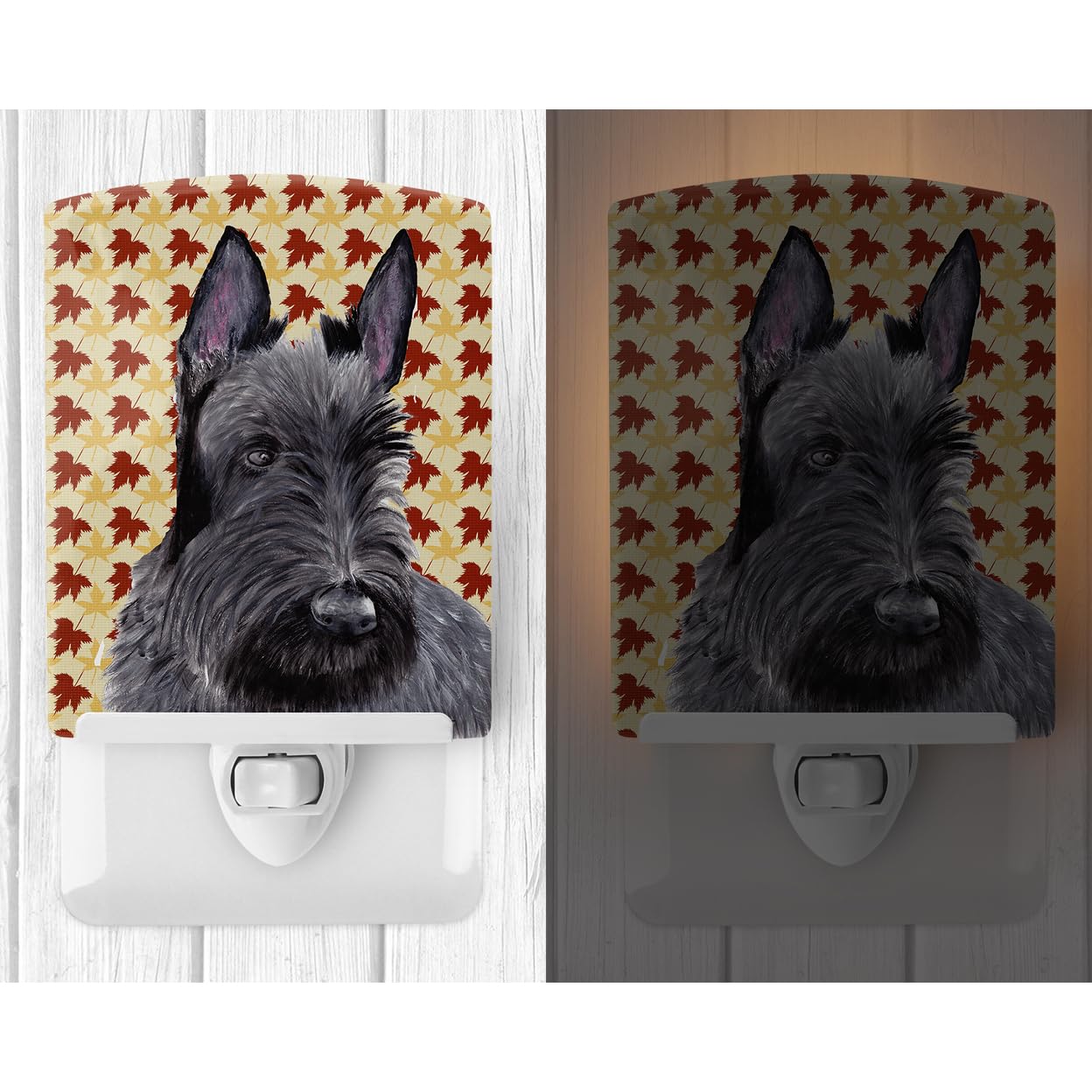 Caroline'S Treasures Sc9226Cnl Scottish Terrier Fall Leaves Portrait Ceramic Night Light Compact, Ul-Certified, Ideal For Bedroom, Bathroom, Nursery, Hallway, Kitchen, 6X4X3, Multicolor