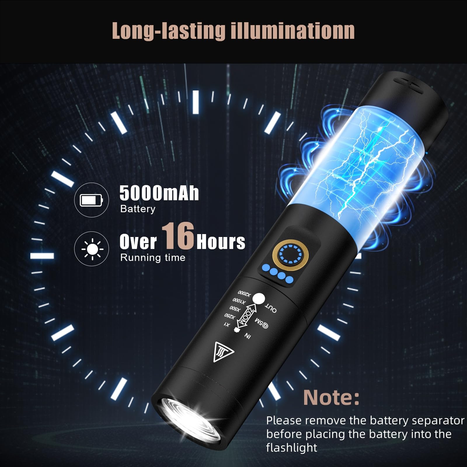 SKYFIRE Rechargeable Flashlight 9000 Lumens, 5 Modes, Aluminum, Black, Model 1353