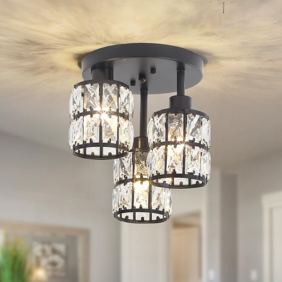 Crystal Semi Flush Mount Ceiling Light, 3-Light Close To Ceiling Light Fixture Black Small Crystal Pendant Lighting Modern Chand