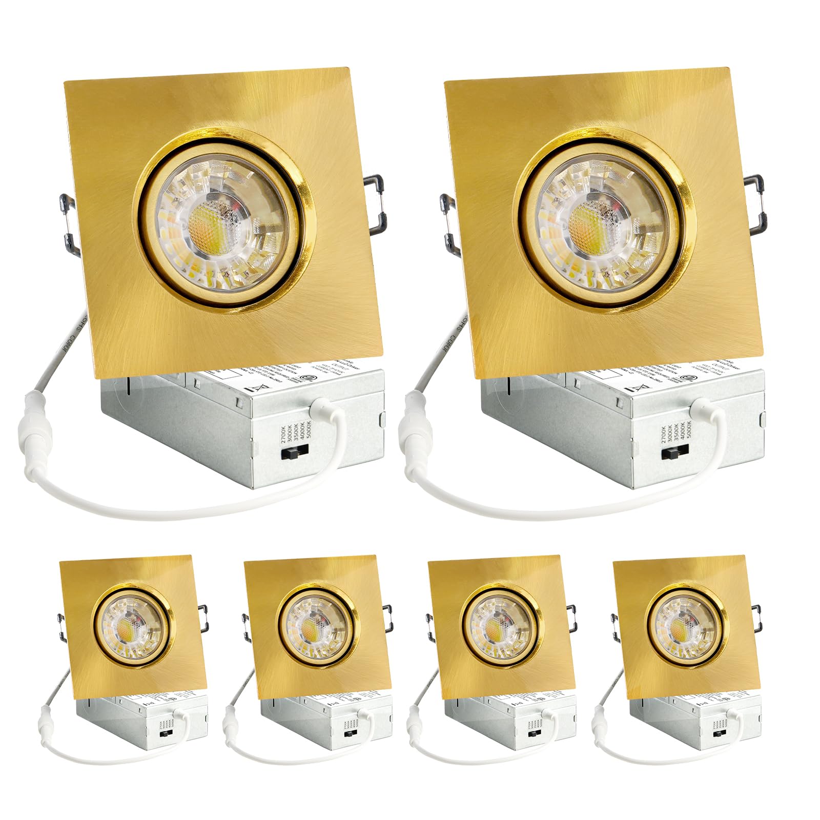 Wembanma 3 Inch Gimbal Recessed Light 8W 5CCT Selectable  360 Rotatable Square Downlight with Junction Box  Wet Location Dimmable Wafer Lights  3 Inch 6Pack Gold