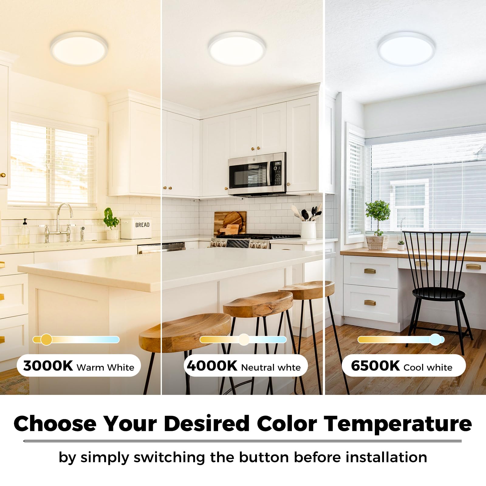 Zemty Led Ceiling Light 6.5 Inch, 12W 1200Lm Ceiling Mount Light Fixtures, Bright & Adjustable 3000K 4000K 6500K, Round Flat Cei