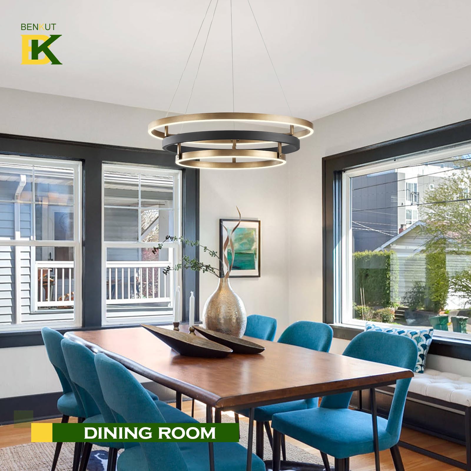 Benkut Modern LED Chandelier, Dimmable 3-Ring Pendant Light, 23.6 in, Black Gold, Remote Control, Ideal for Dining Room & Living Room