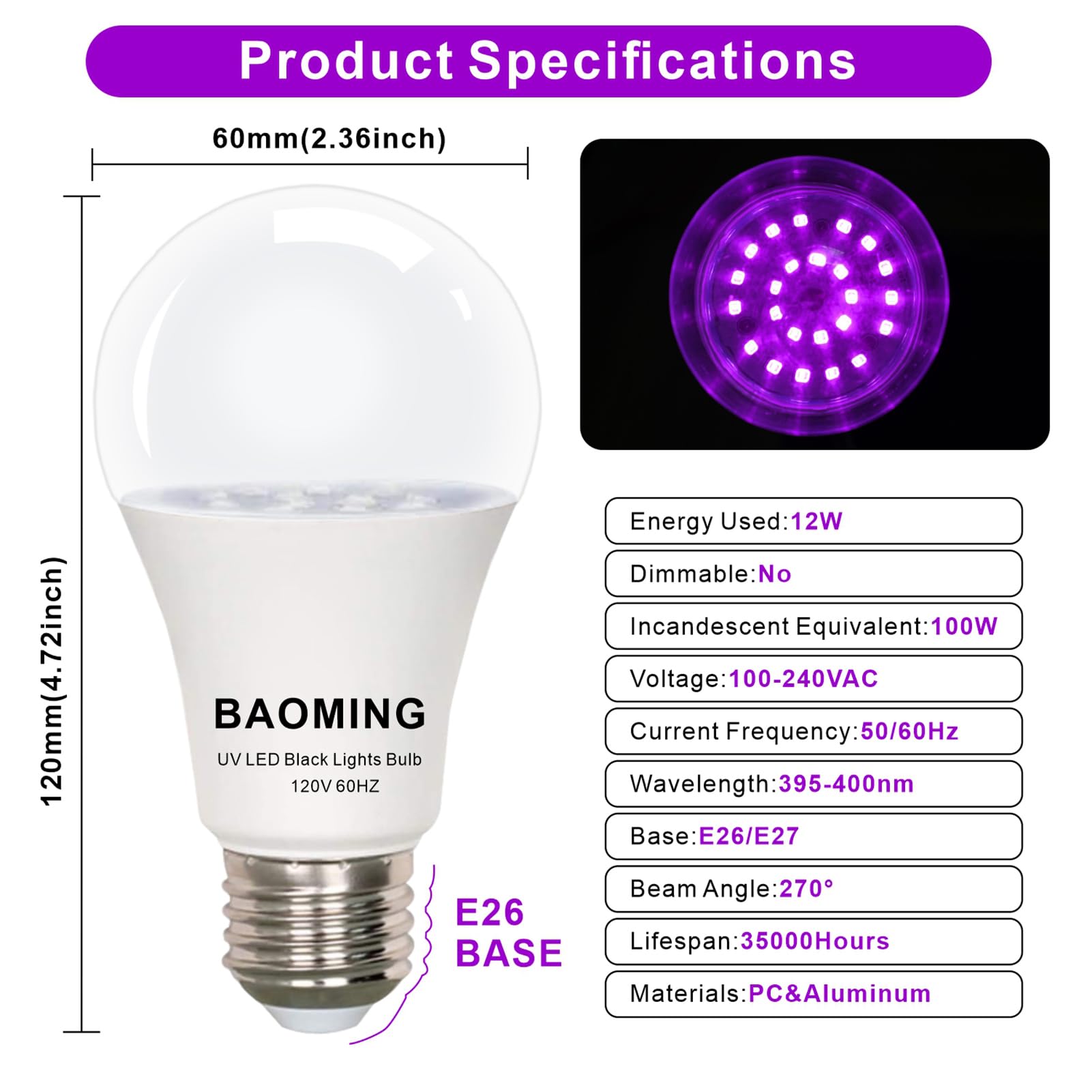 Baoming 12W Black Light Bulb Led Blacklight 12W (100Watt Equivalent), E26 Base 120V, Uva Level 390-400Nm, Glow In The Dark For B