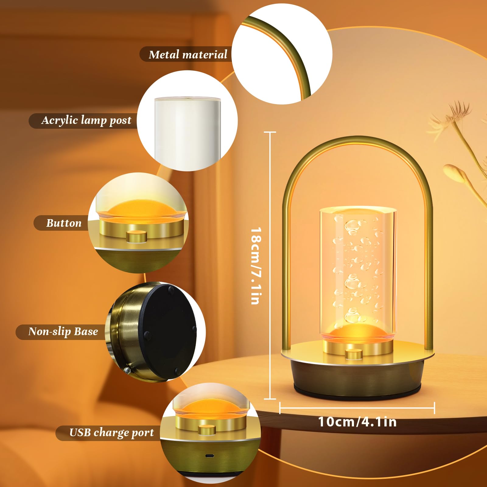AOTEAM Portable Cordless Table Lamp - Dimmable Touch, Small Aluminum, Gold with Bubble, Model A-1, Rechargeable Battery for Indoor/Outdoor Use